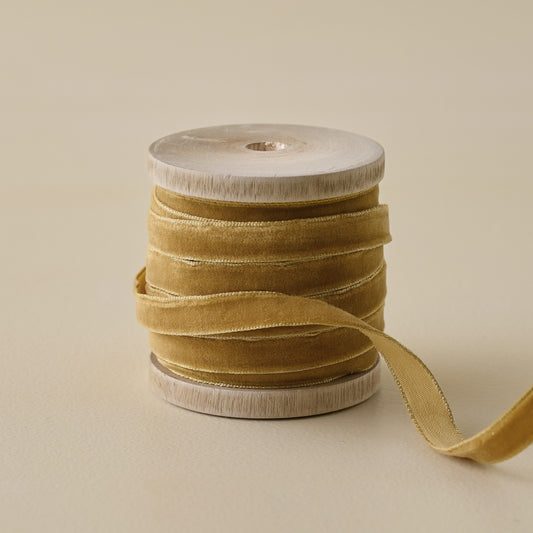 10 Yard Velvet Gold Ribbon on Wood Spool with Metallic Edges