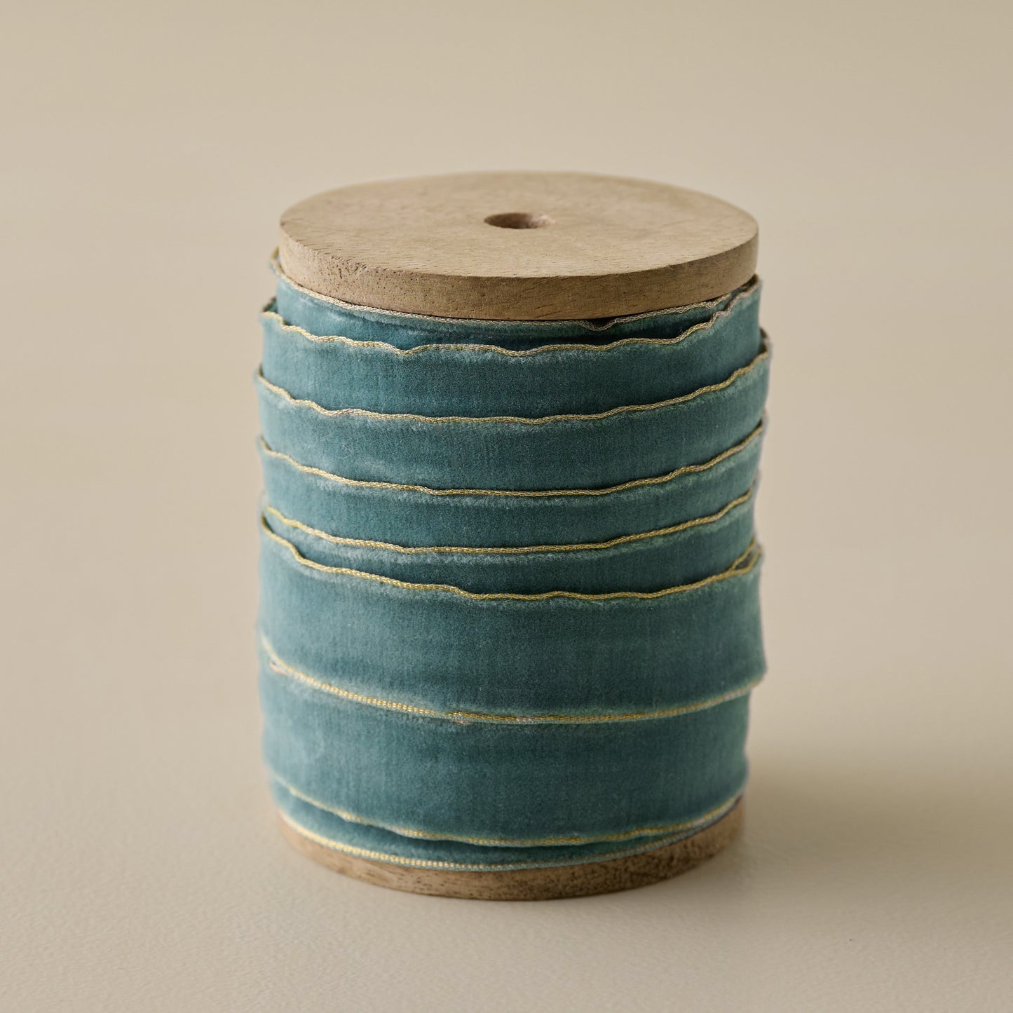 5 Yard Velvet Arctic Green Ribbon on Wood Spool with Metallic Edges