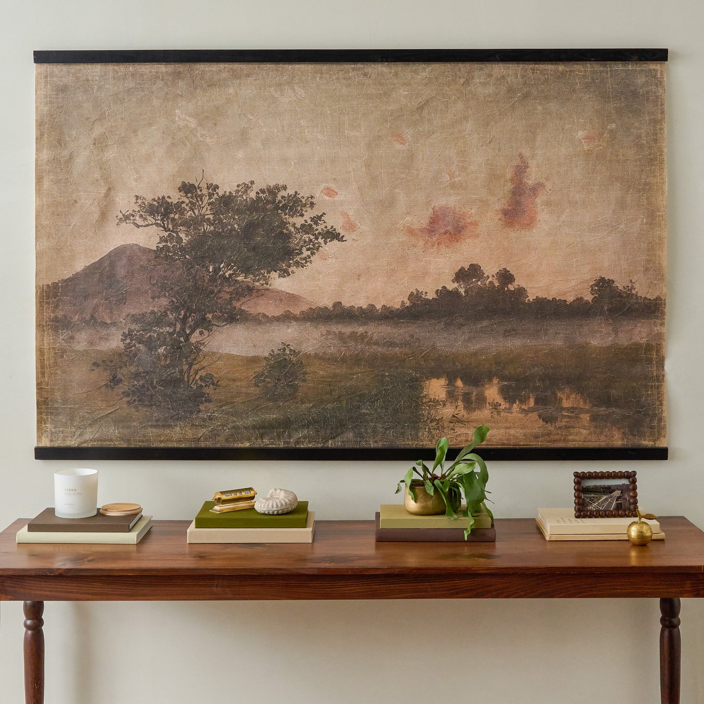 Oversized Vintage Vista Tapestry shown hung above shelf