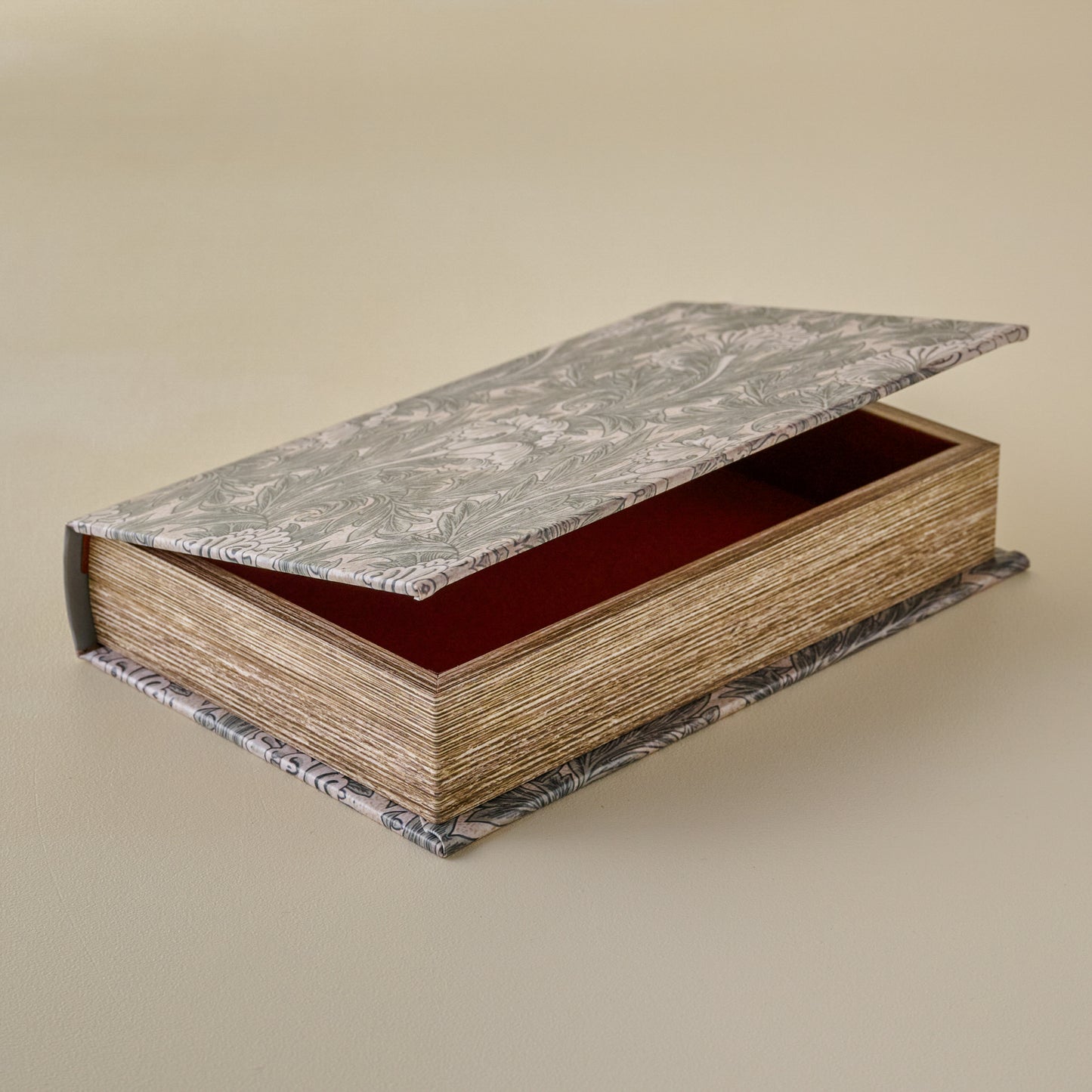 Vintage-Inspired Handcrafted Book Box with floral-patterned lid and base on a beige background