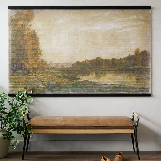 Oversized Vintage Landscape Tapestry hanging above a bench in an entryway