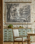 Oversized wall art tapestry called Out of the Woods hanging on dining room wall