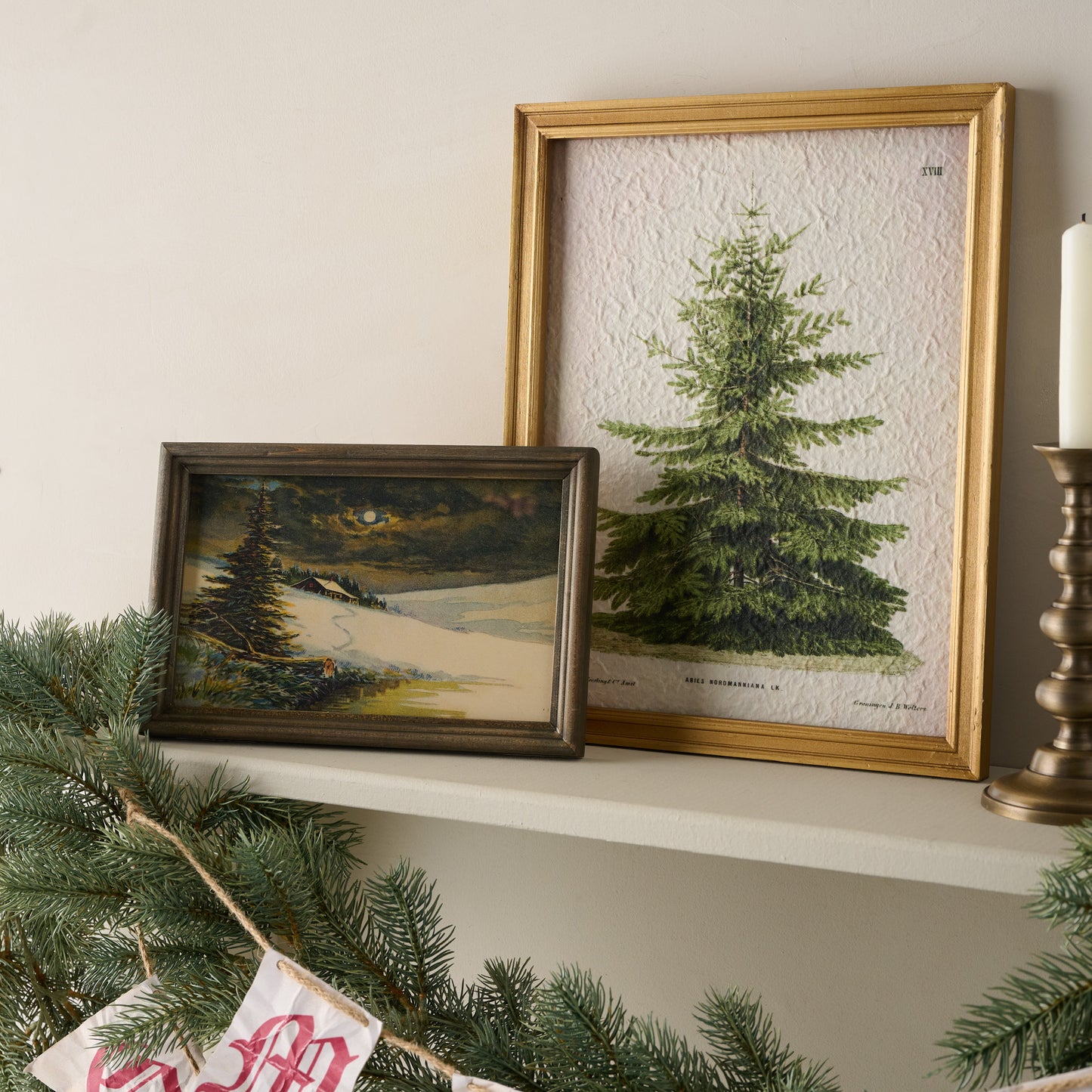 Vintage Christmas Fir Print shown on mantel