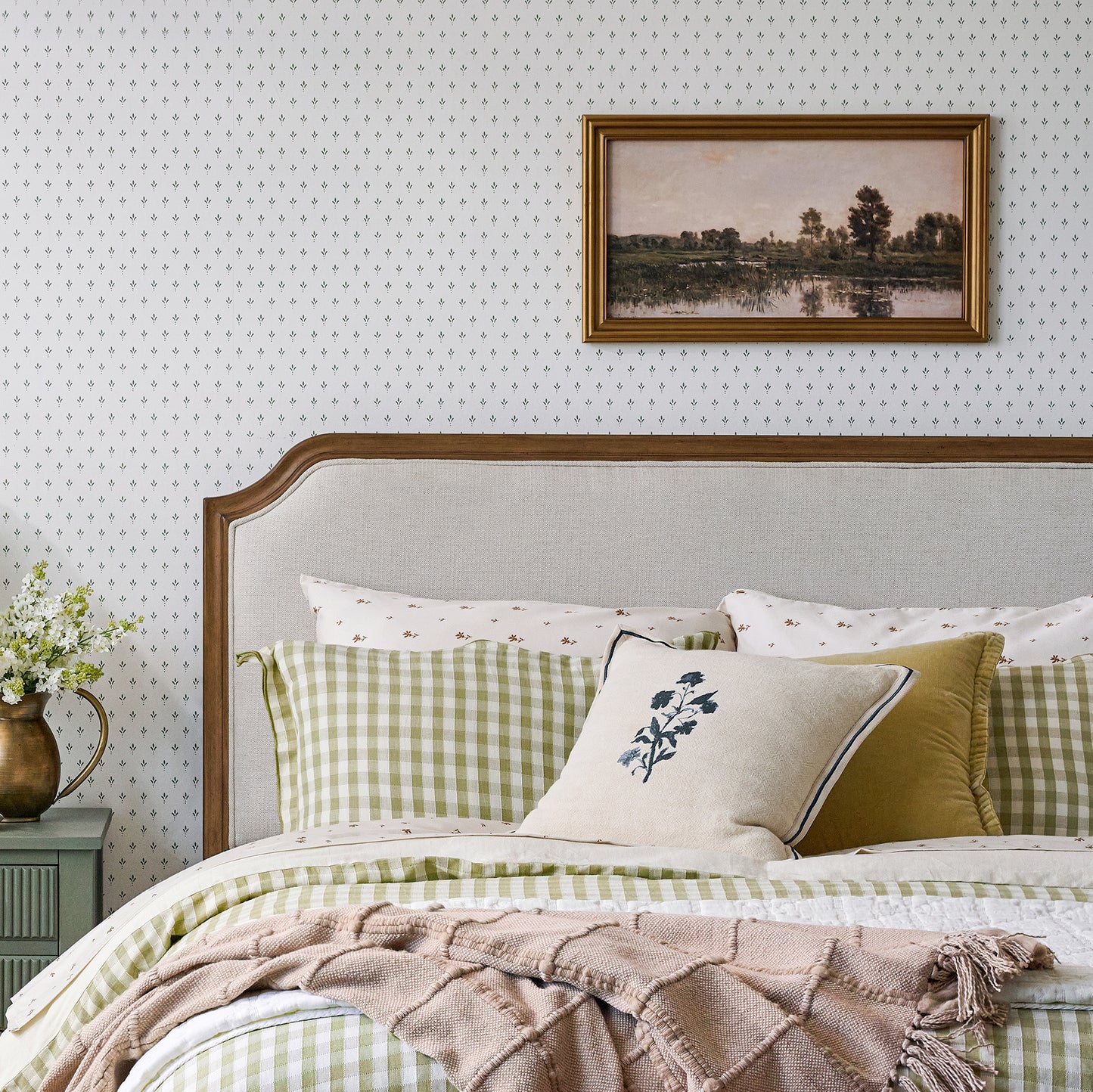 Vintage Pondside Reflections shown hung above bed