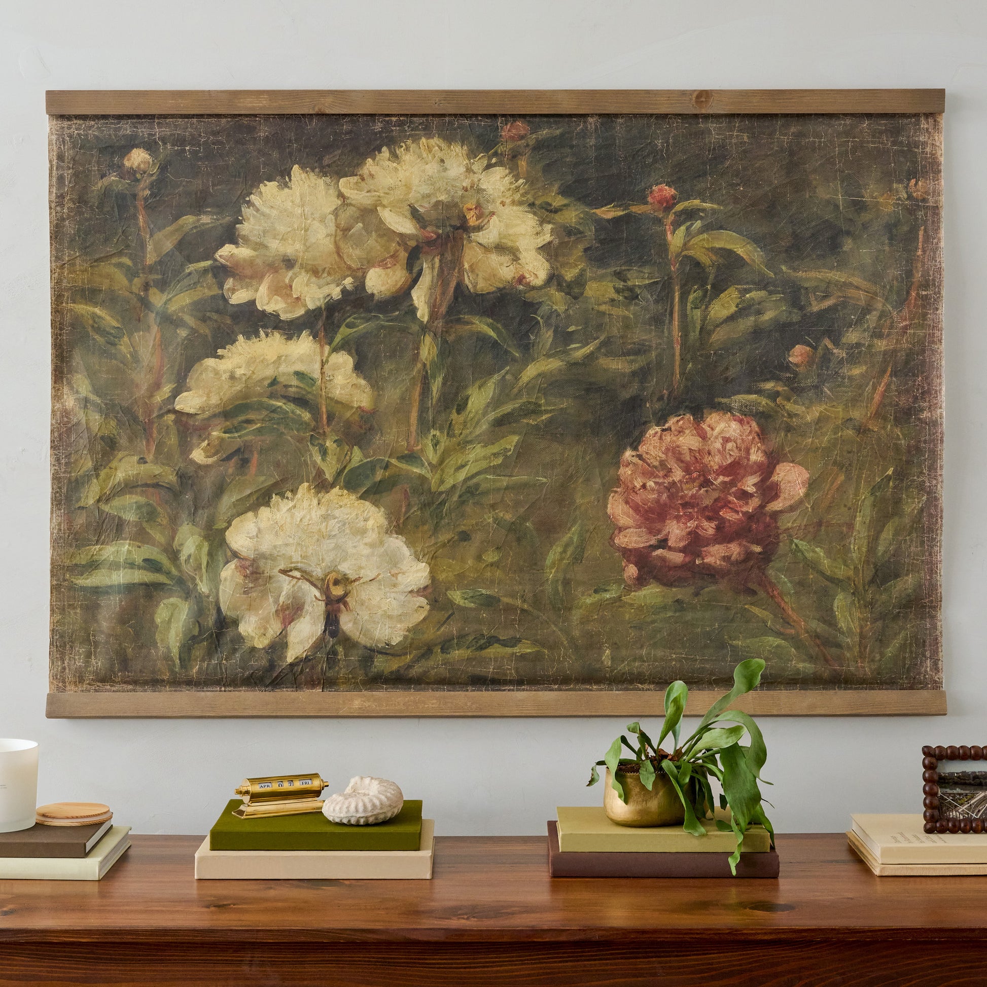 Oversized Botanicals in Bloom Vintage Tapestry shown hung above desk