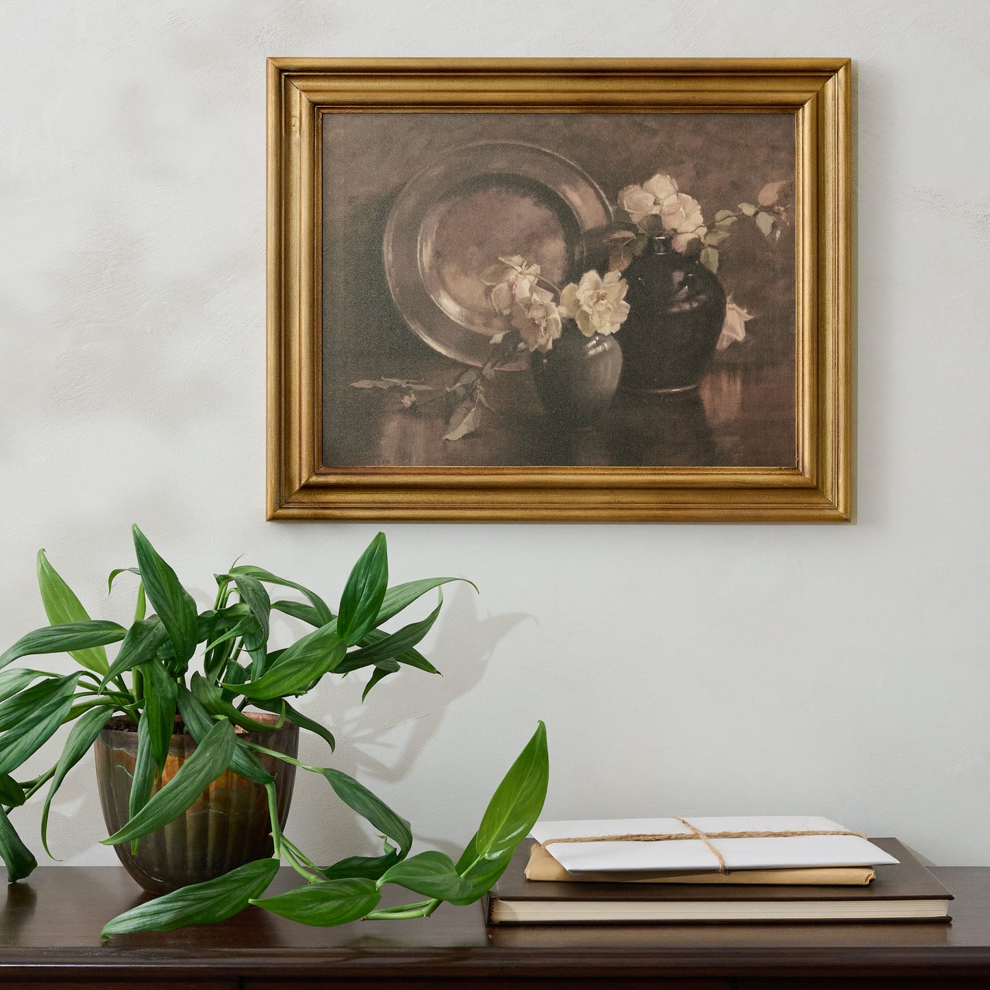 Vintage Bouquets Still Life shown hung above desk