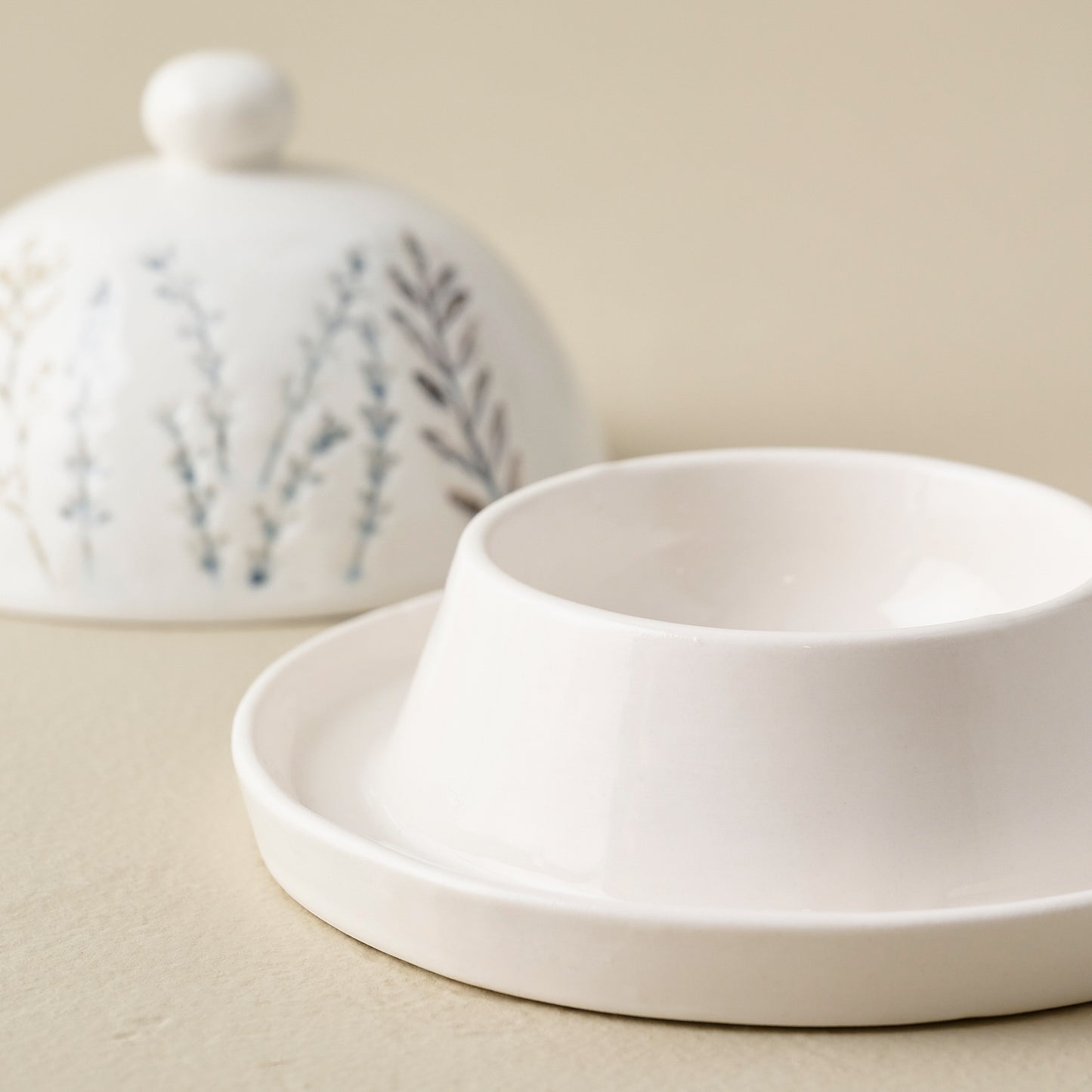 Pressed Floral Ceramic Butter Dish up close shown open