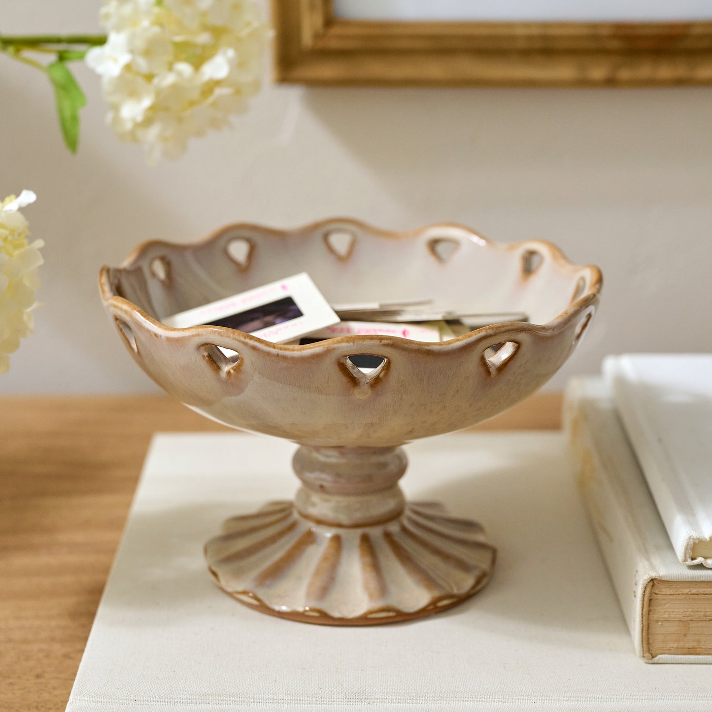 Small Millie Glazed Ceramic Compote Bowl shown styled