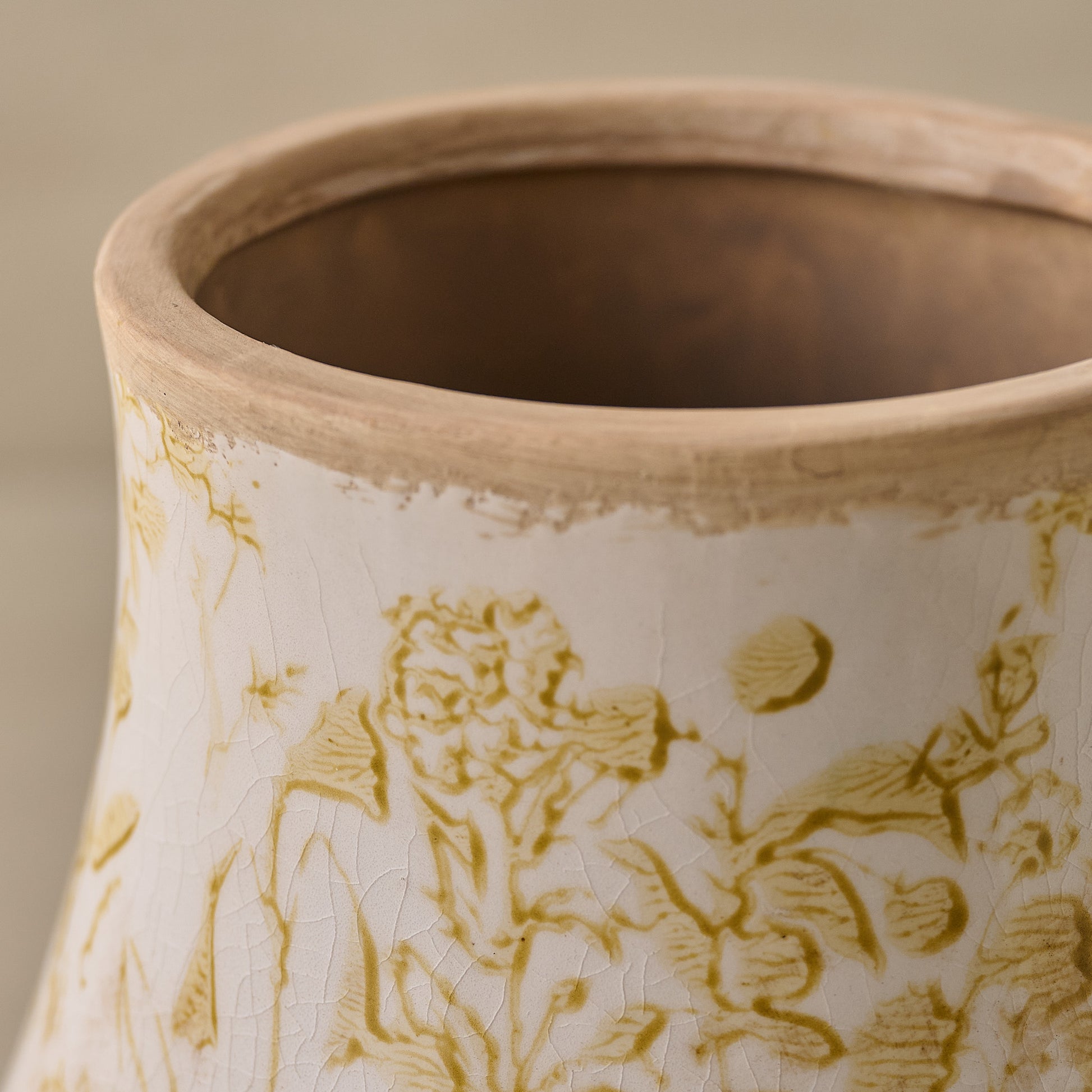 Distressed Tan Floral Vase up close