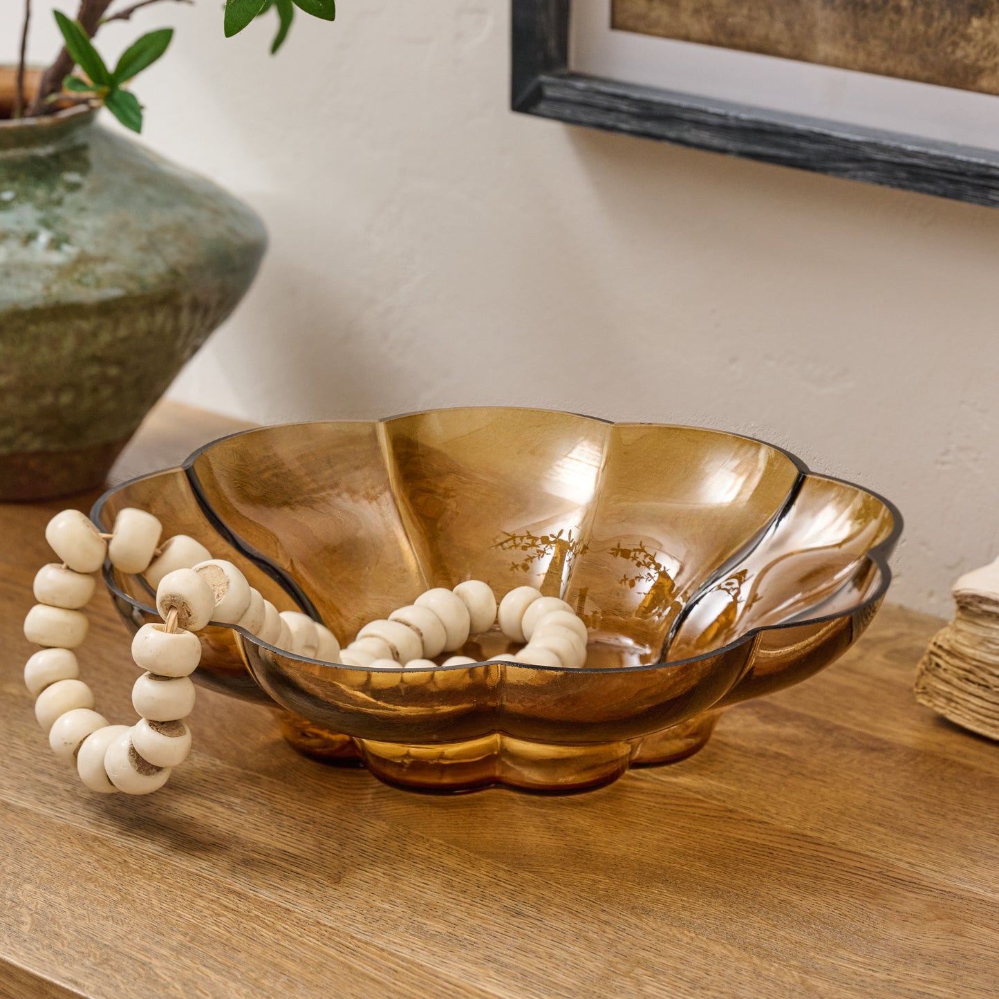 Scalloped Amber Glass Bowl shown styled