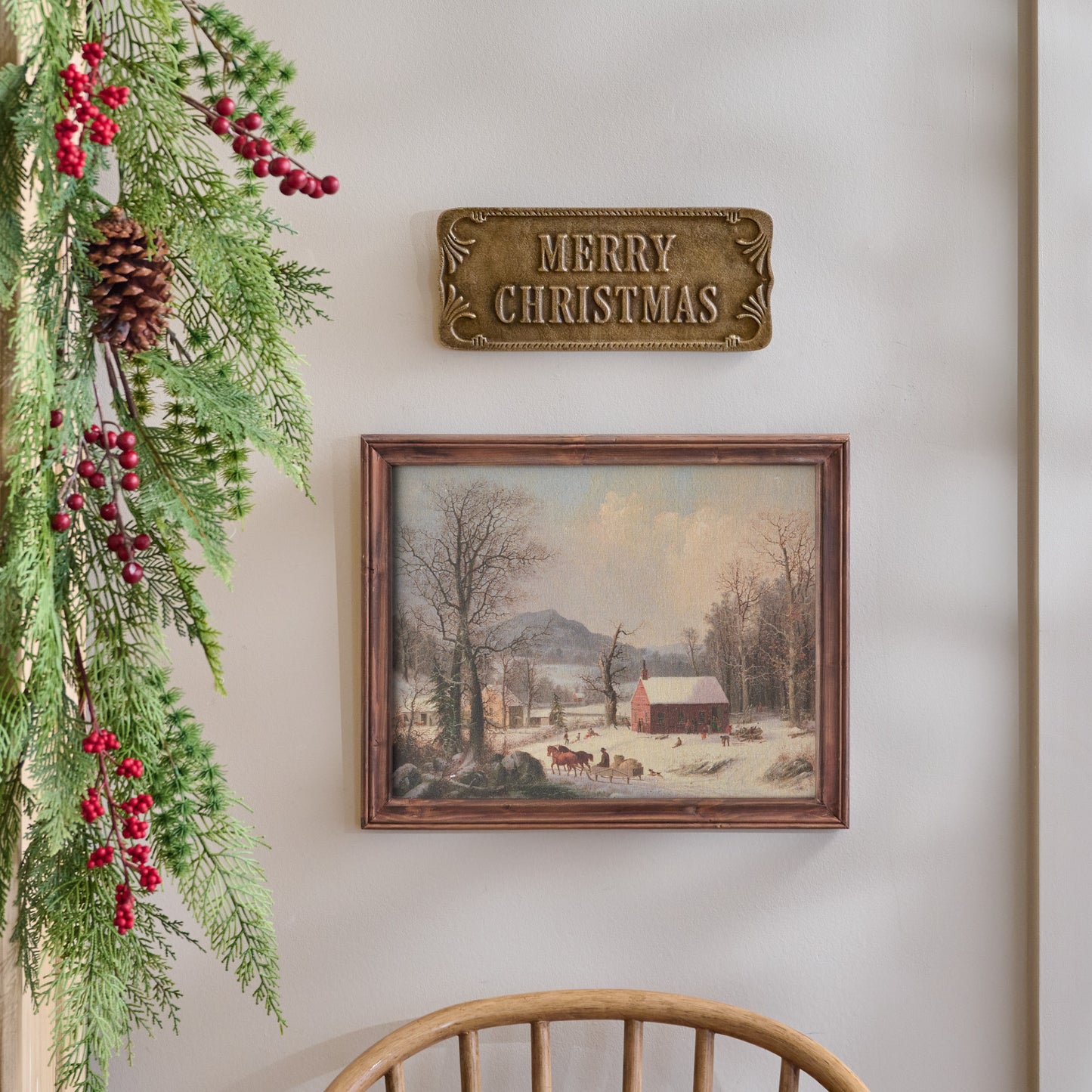 Timeless Country Christmas Framed Print shown hung on wall under "Merry Christmas" brass plaque