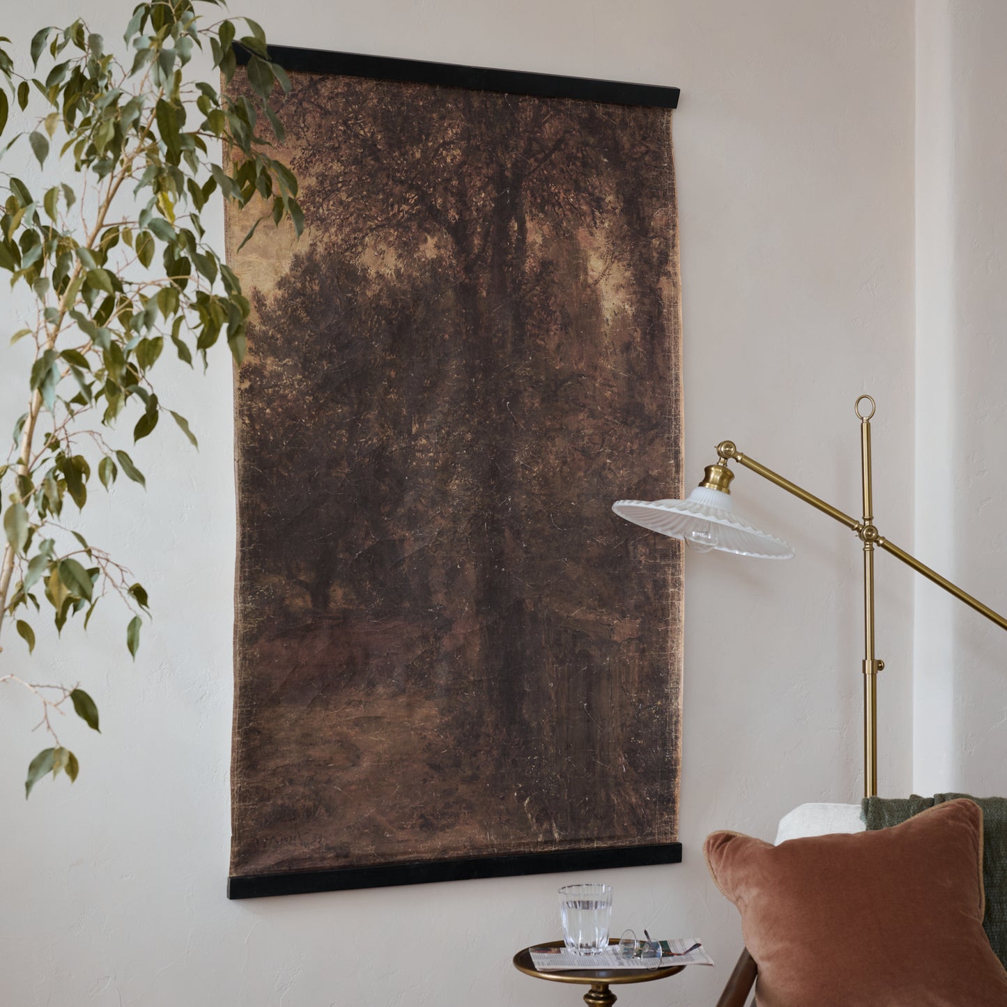 Autumn Forest at Dusk Tapestry shown styled on wall