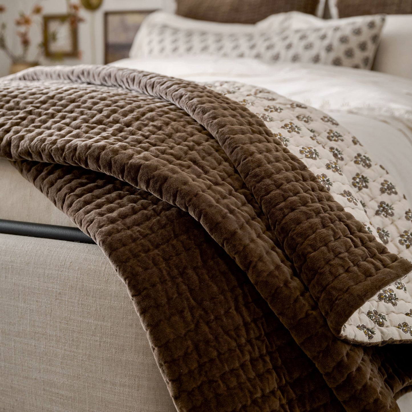 Audrey Velvet Block Print Quilt - Cedar shown on bed