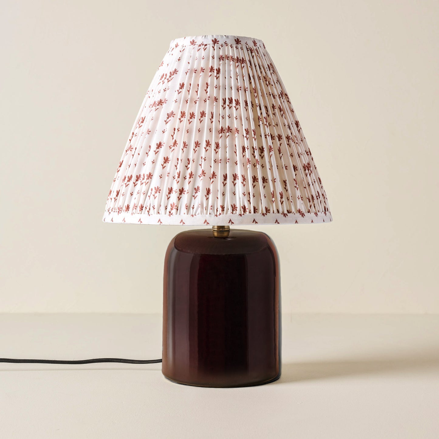 Farrah Table Lamp - Deep Burgundy with Taupe Blockprint Shade