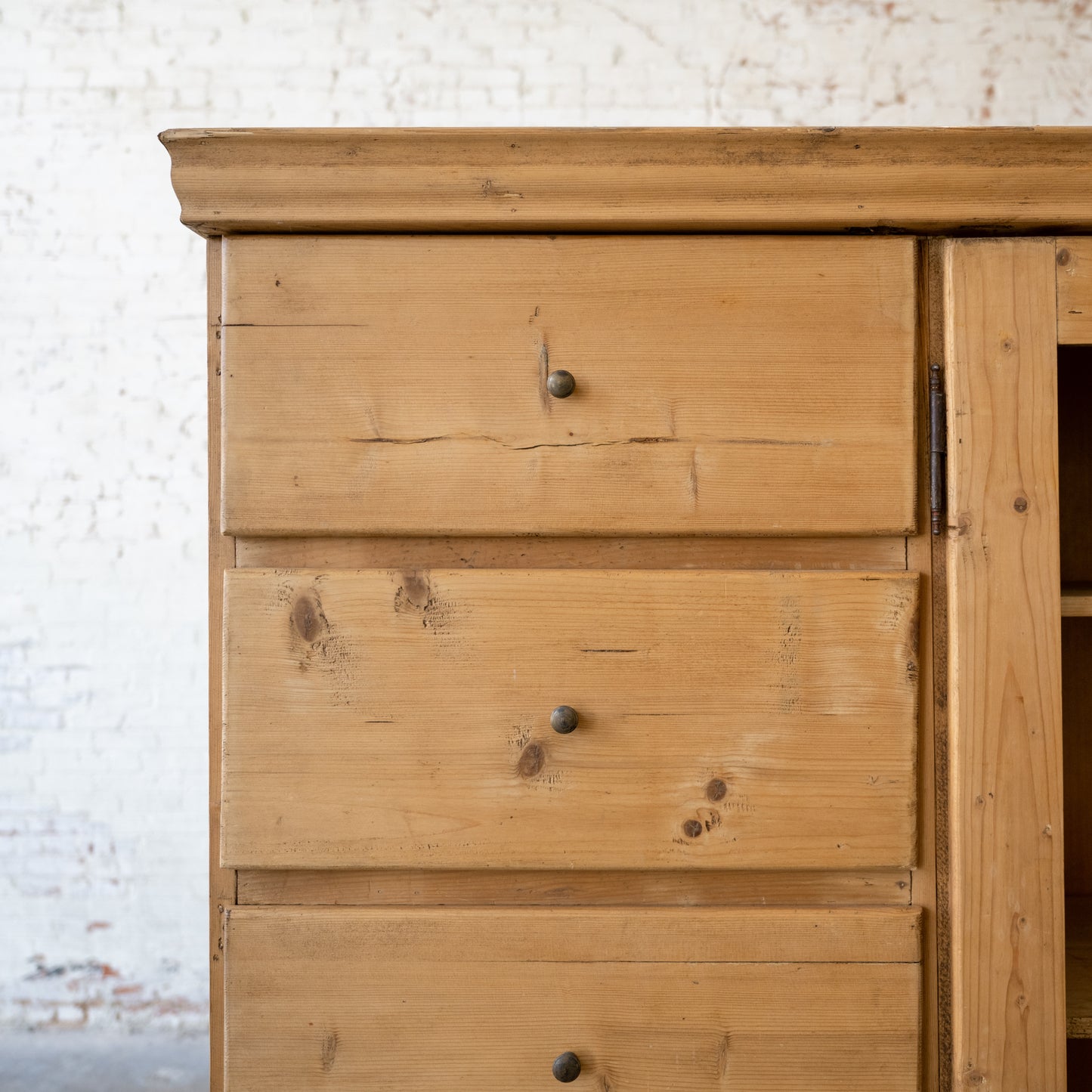 Vintage Danish Pine Cabinet close up of drawers on left side