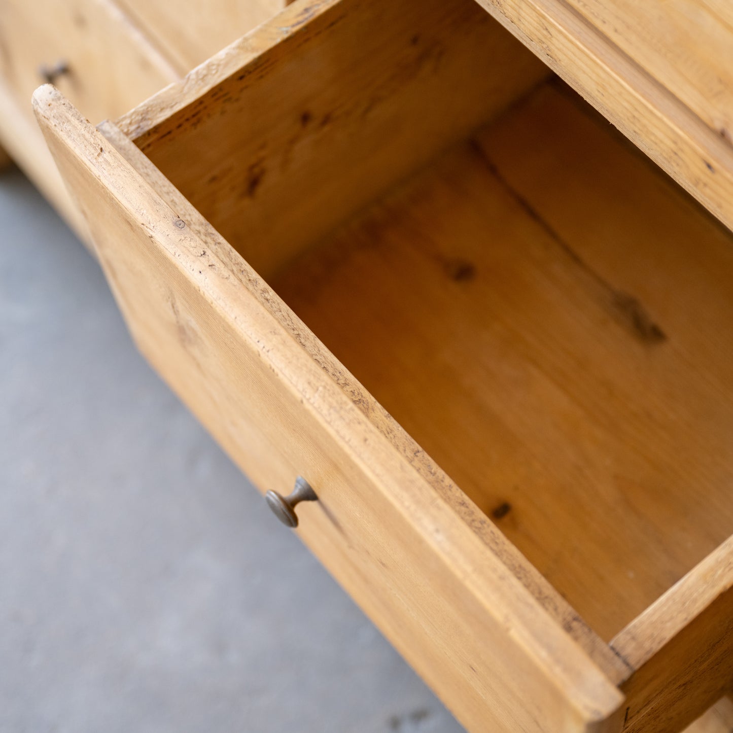 Vintage Danish Pine Cabinet close up of open drawer