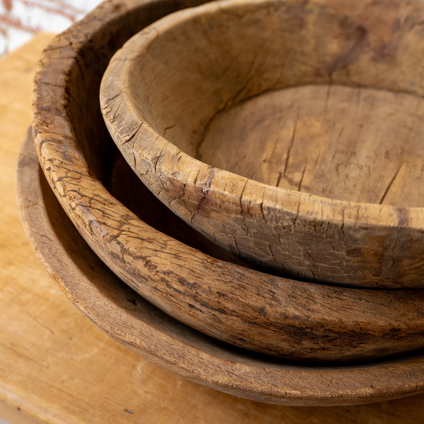 Found Large Teakwood Bowls stacked close up