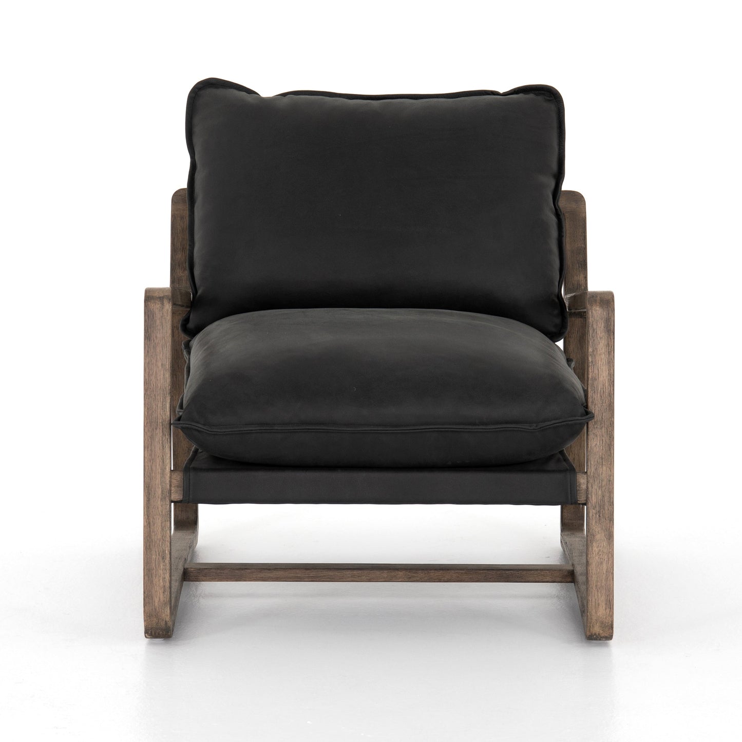 black leather arm chair with wooden show frame