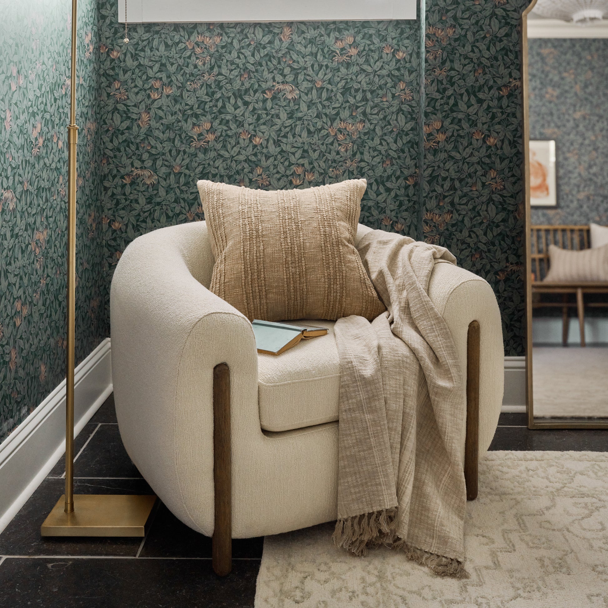Linn Chair in room with floral wallpaper