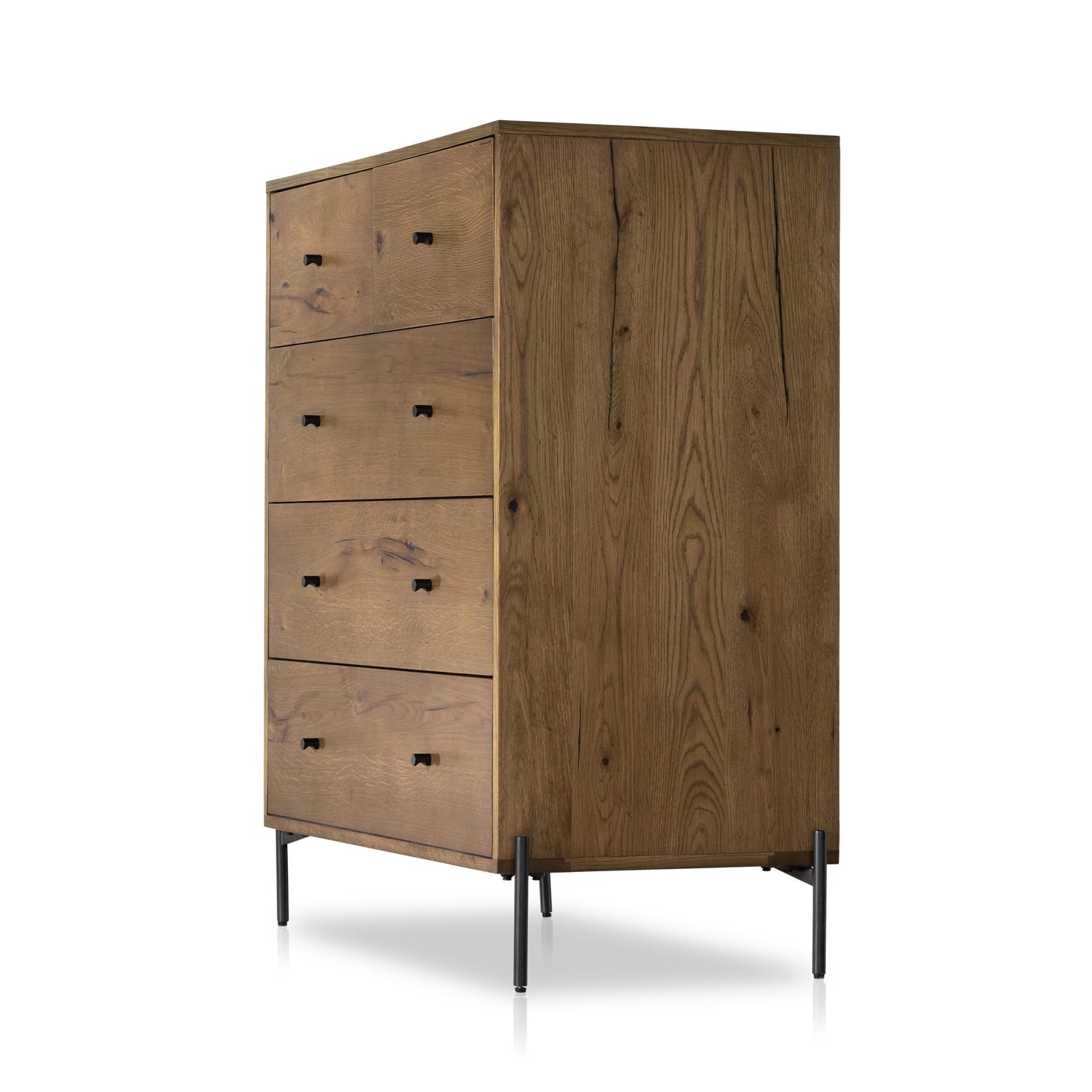 Liam 5 Drawer Dresser in amber oak side view angled