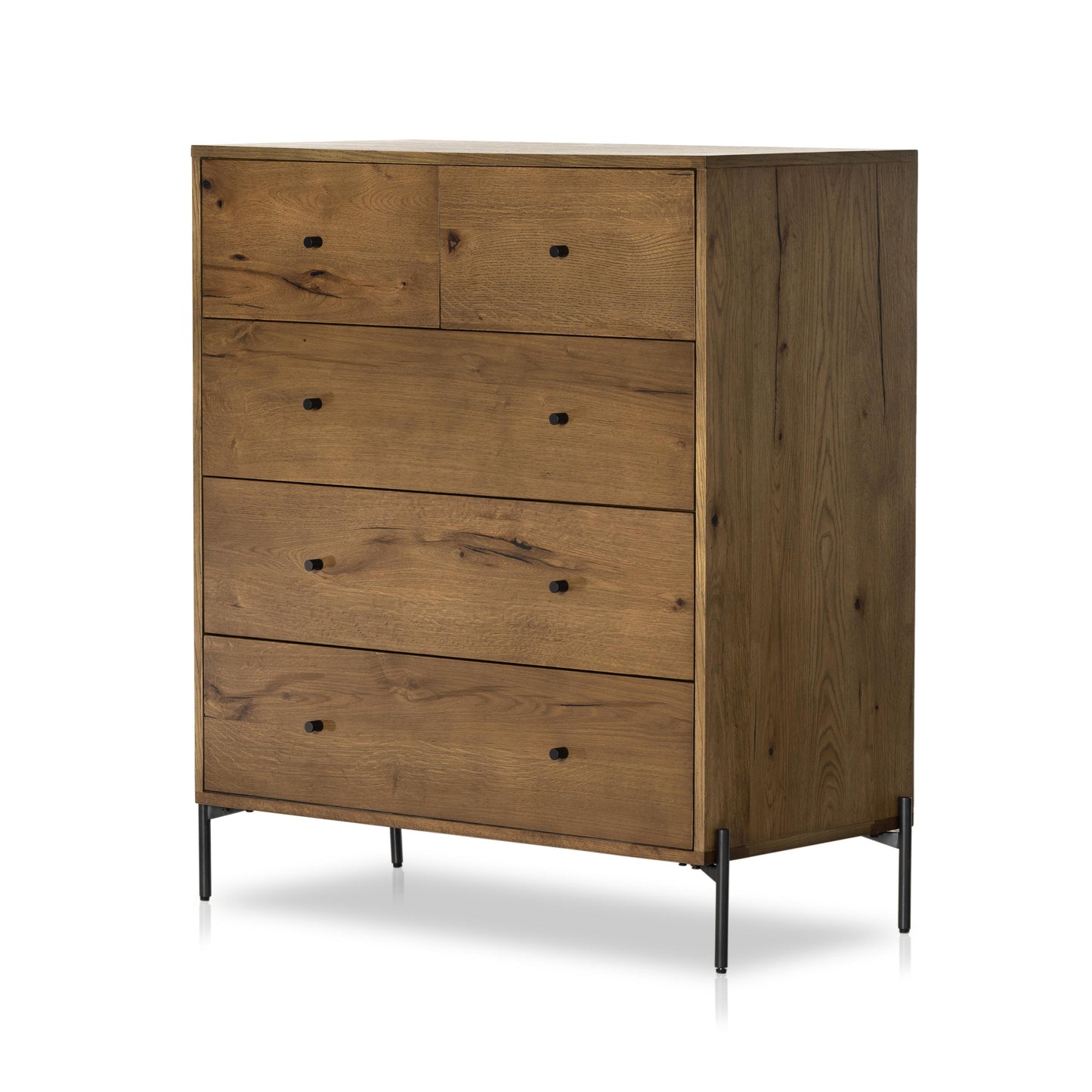 Liam 5 Drawer Dresser in amber oak front view angled