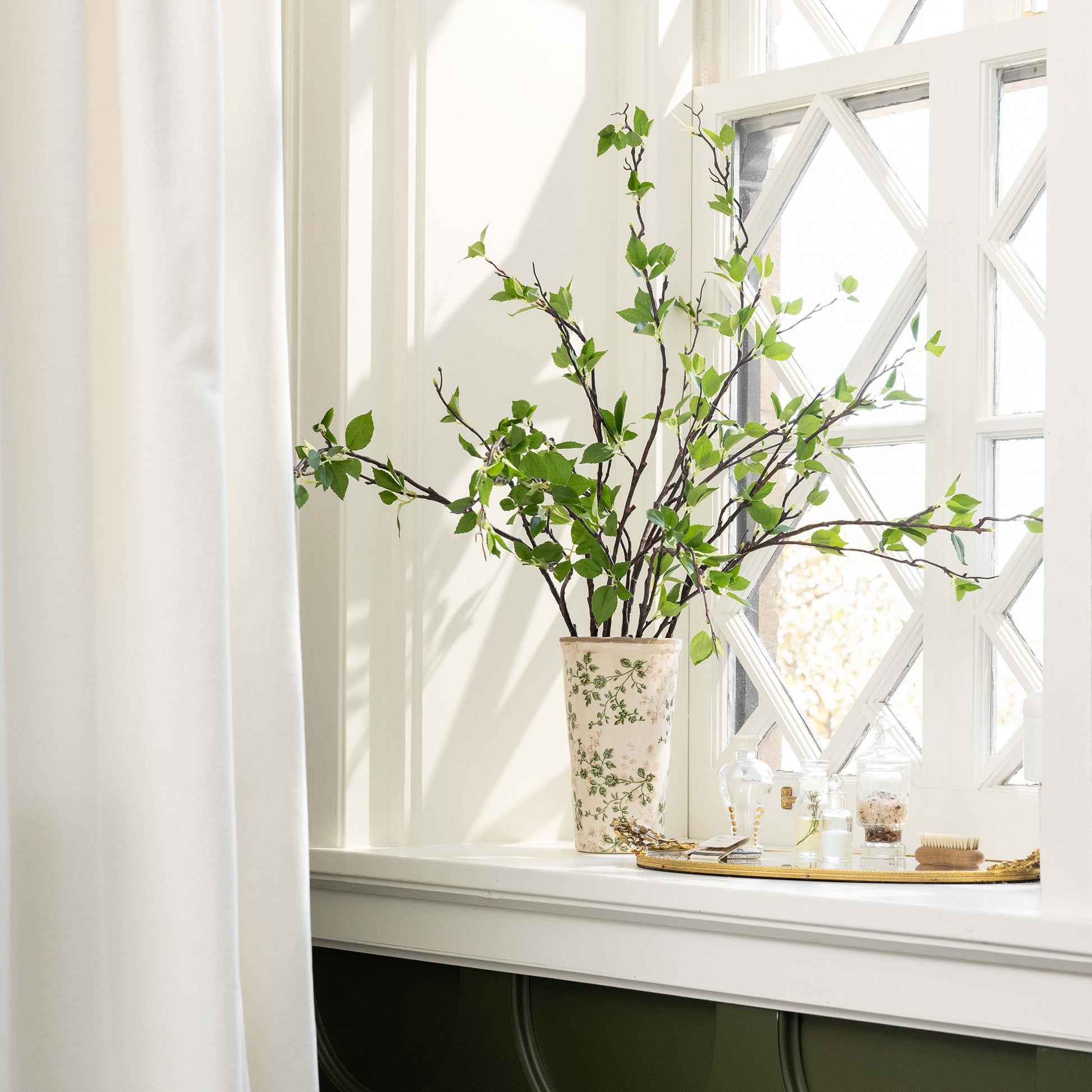 Green Leaf Branch in green and white distressed vase