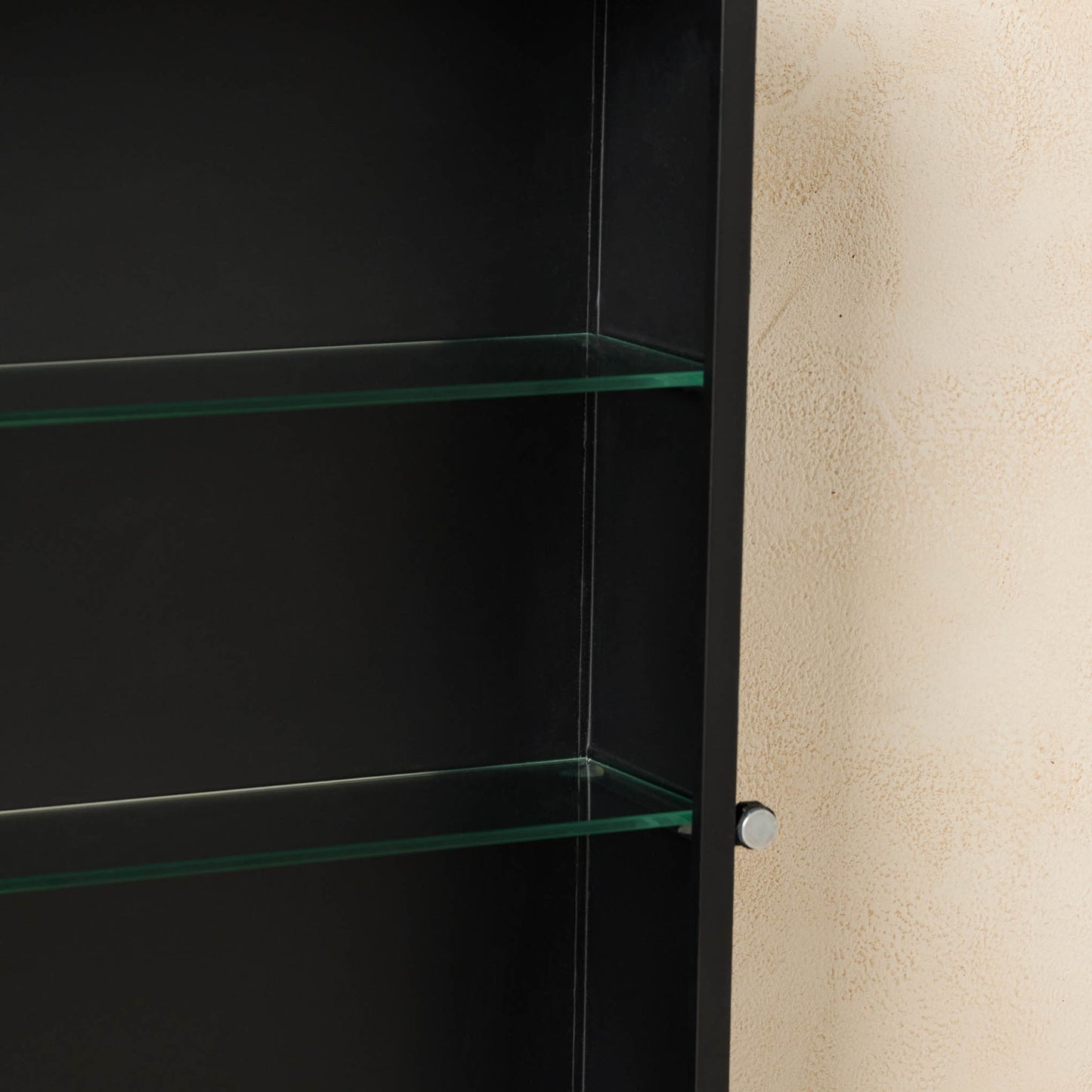 Archer Medicine Cabinet in black, close up of glass shelves