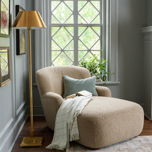 Ruby chaise lounge with florence plaid throw blanket