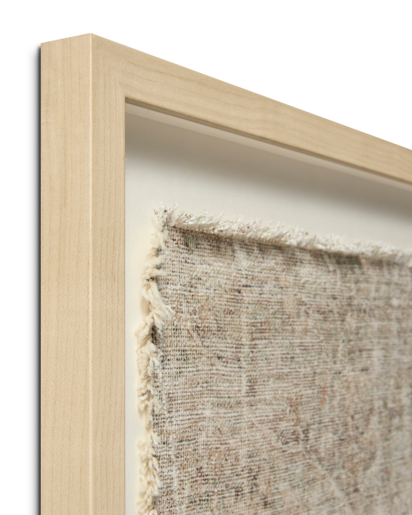 Corner view of wood frame and Wickford Textile frayed edge