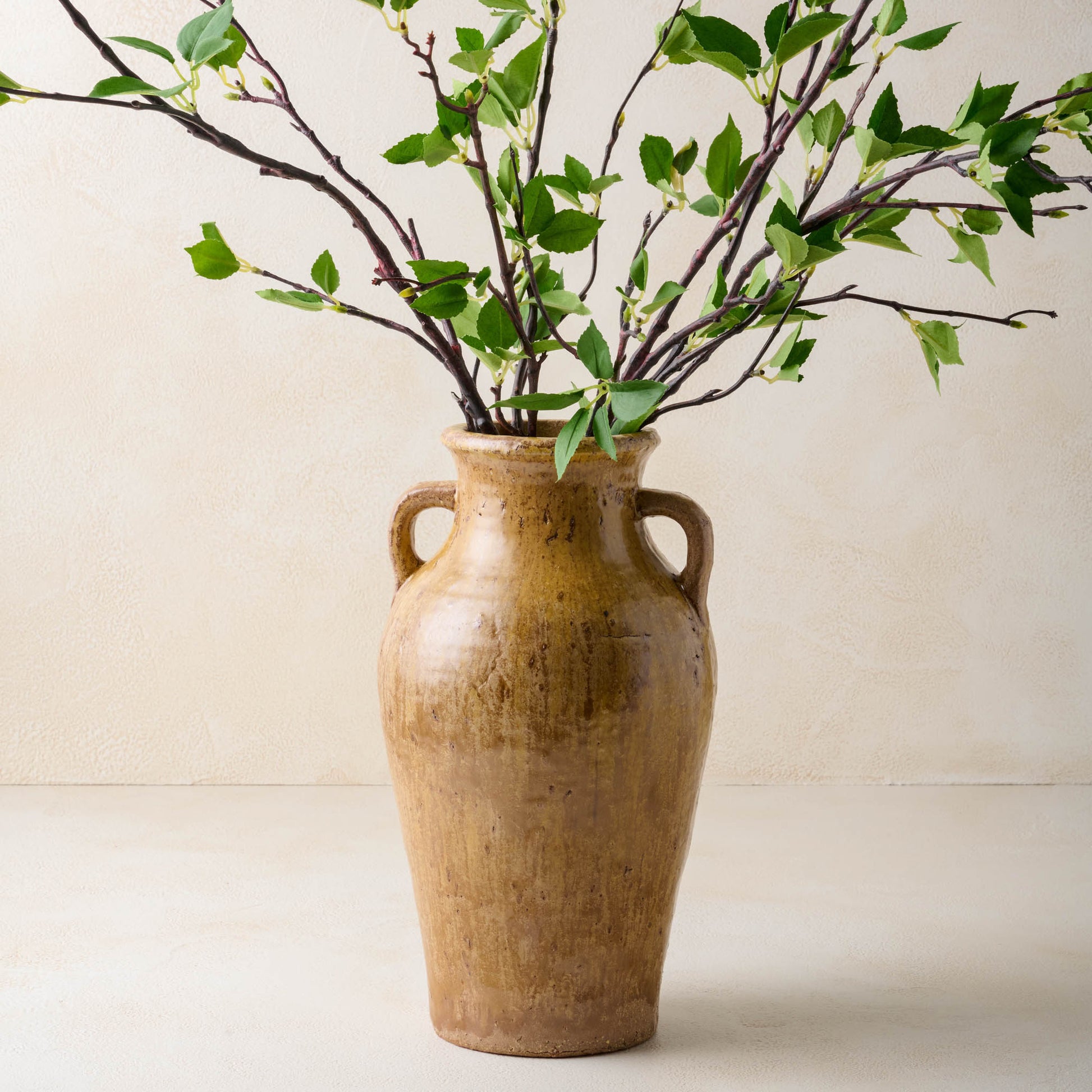 Green Leaf Branch in Ochre Ceramic Bud Vase