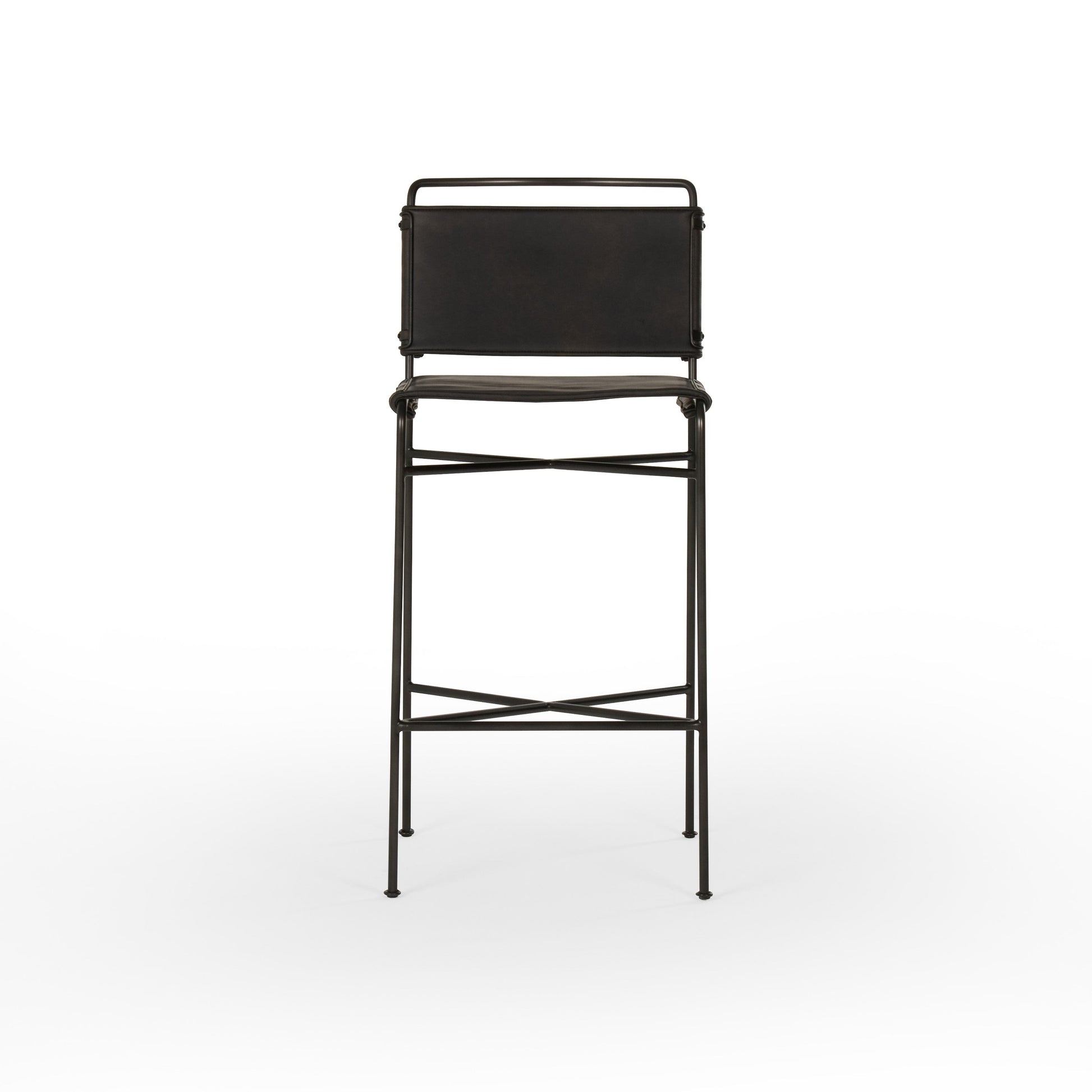 black metal bar stool with black leather seat and back