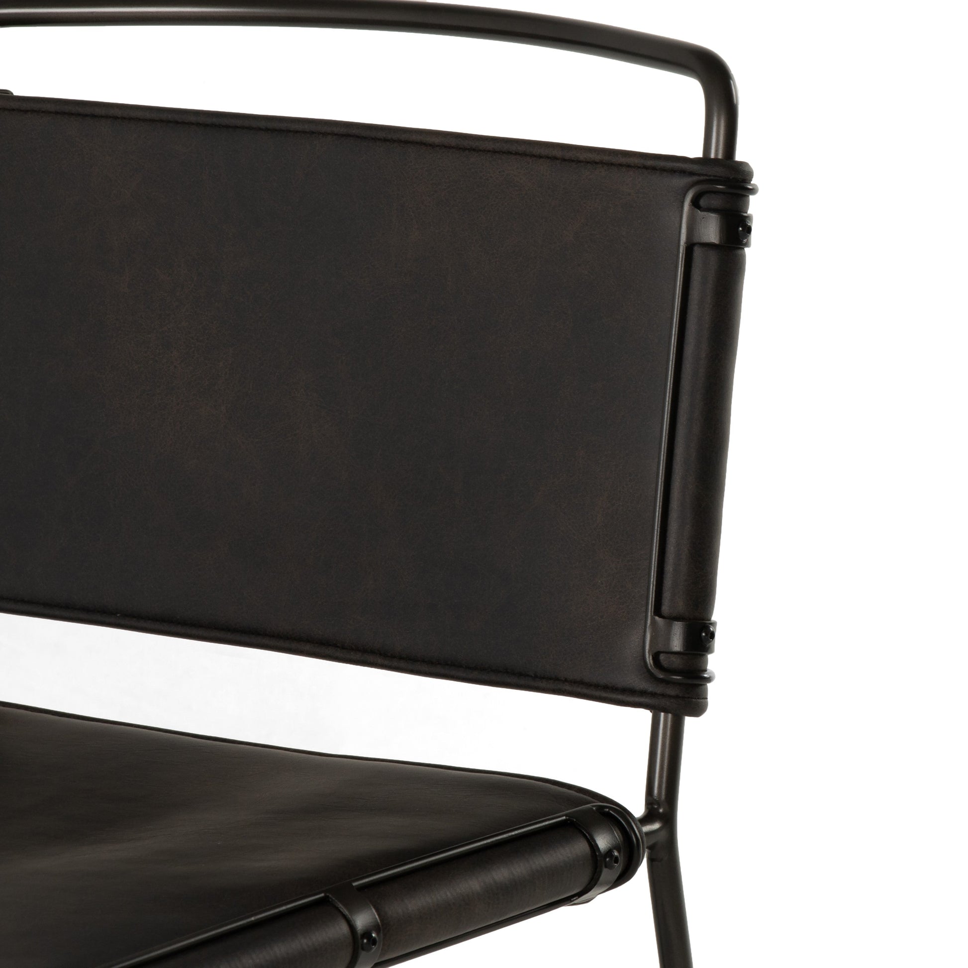 black metal counter stool with black leather seat and back