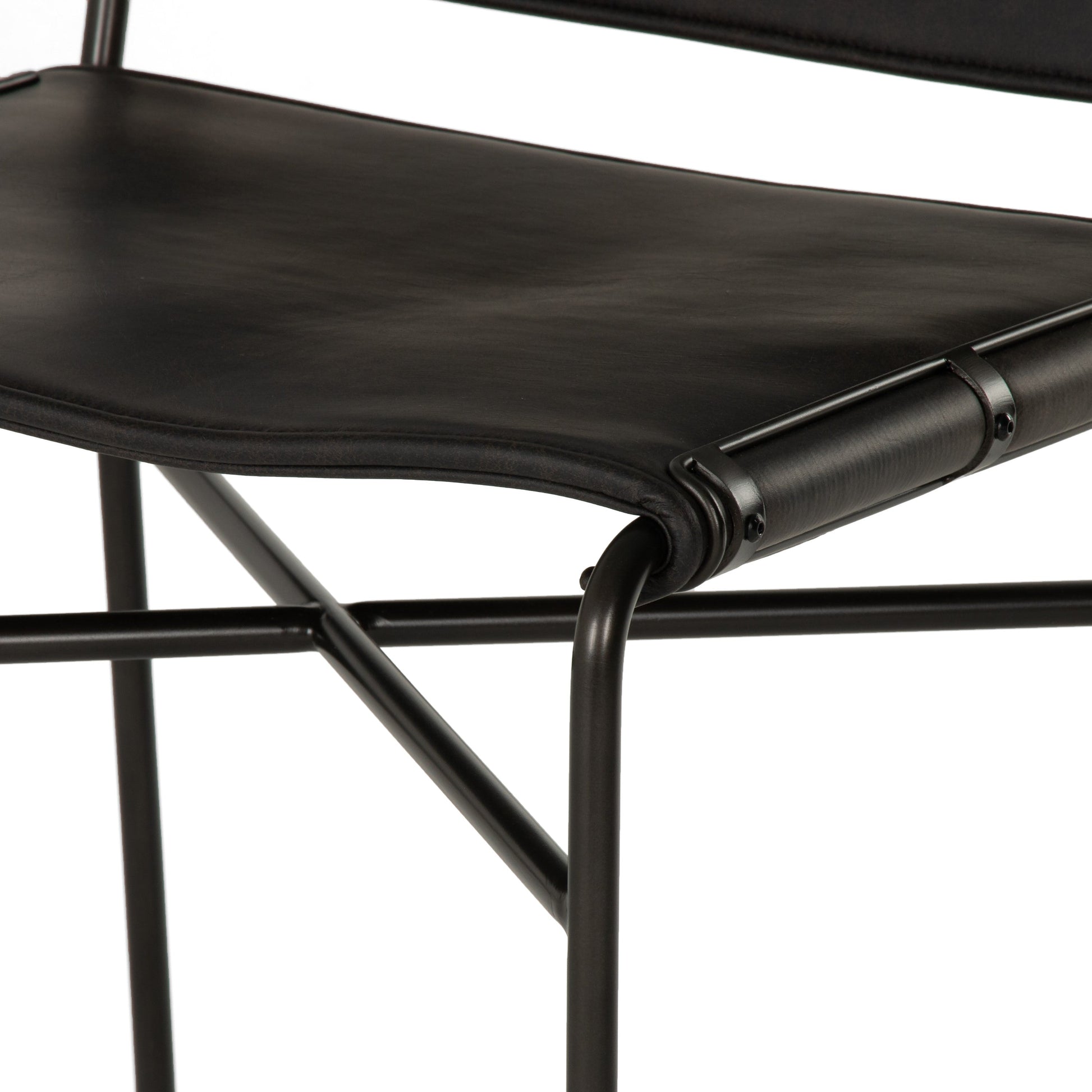 black metal counter stool with black leather seat and back