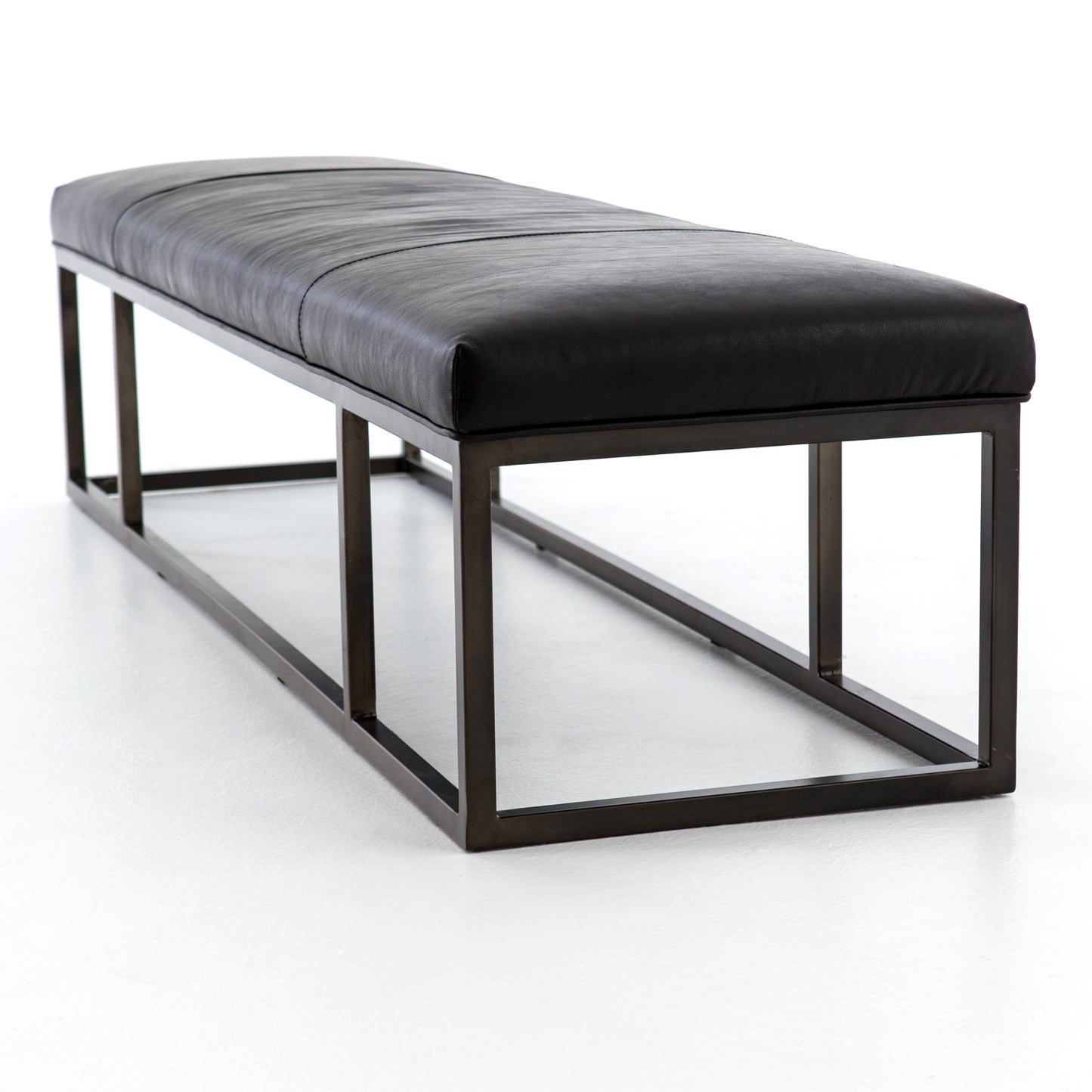 industrial black padded leather bench with metal base