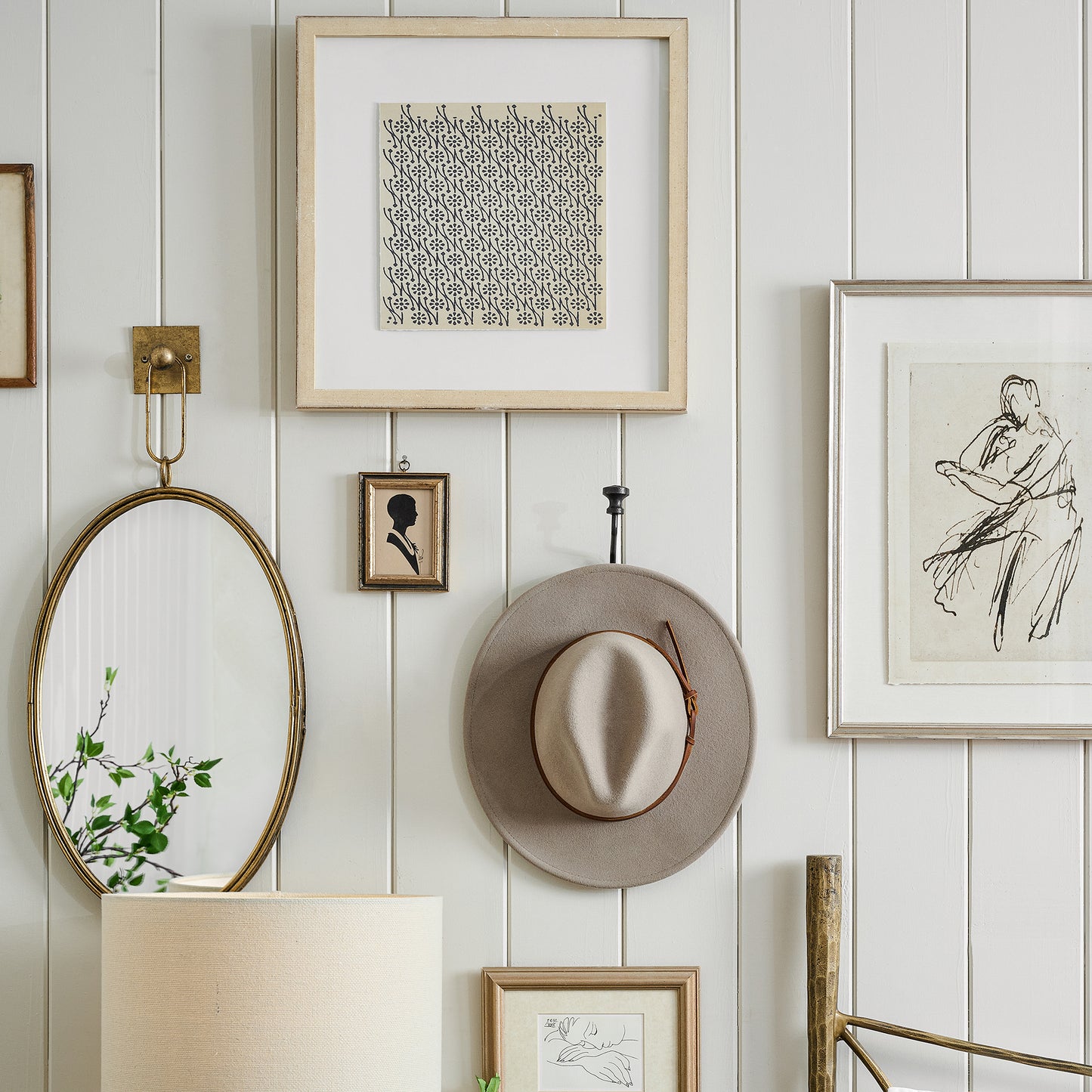 Figure Sketch II on wall with hanging hat and mirror