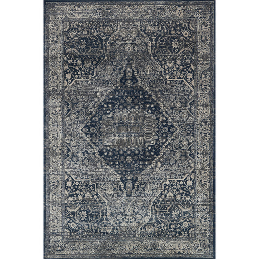 dark charcoal rug with light grey detail and traditional pattern