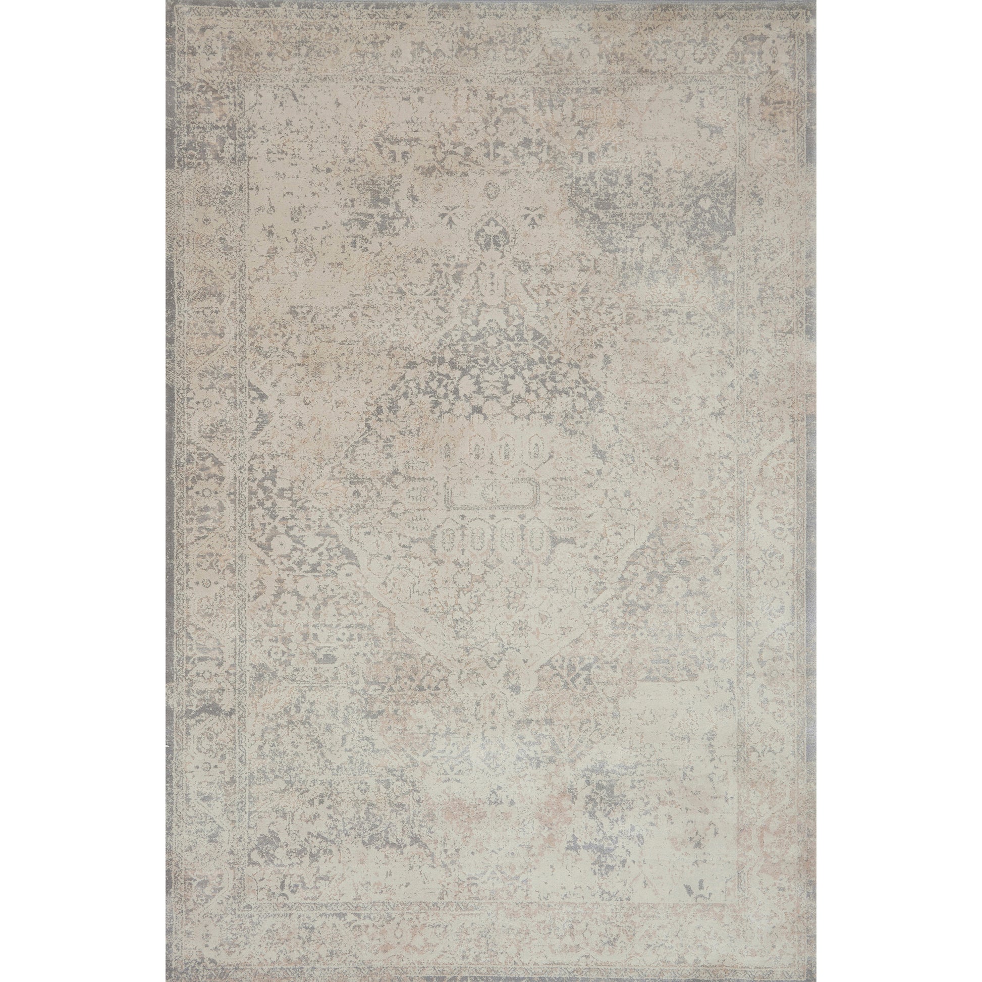 pale cream and grey distressed rug with faint floral detail