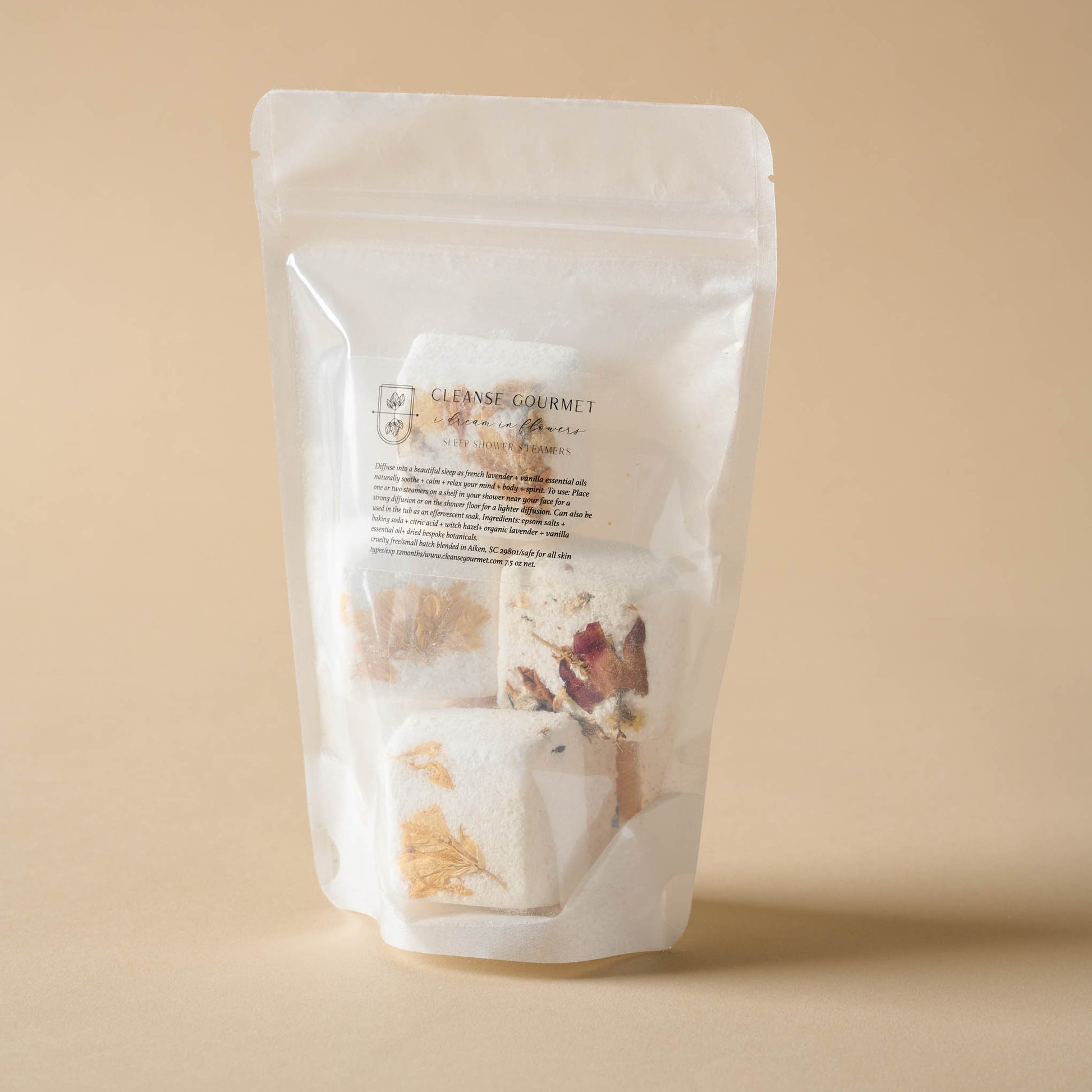 Bag of Clease Gourmet shower steamers. Scent is Dream in Flowers