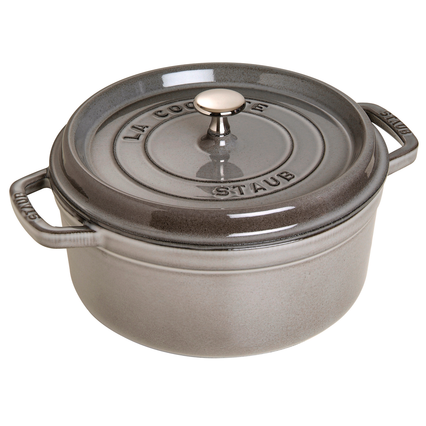 Staub 5.5 quart round cast iron dutch oven in graphite grey