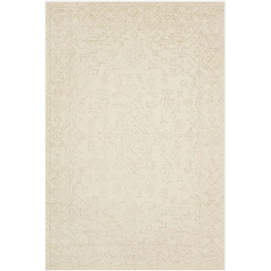 cream and light grey distressed rug with traditional detail