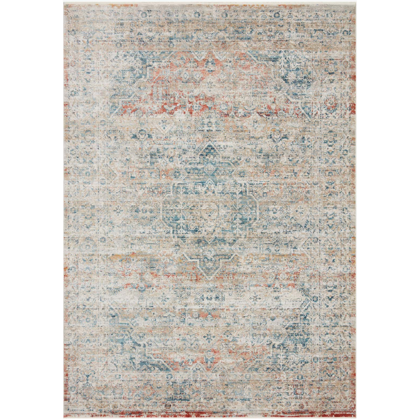distressed multi-colored traditional area rug with floral detail