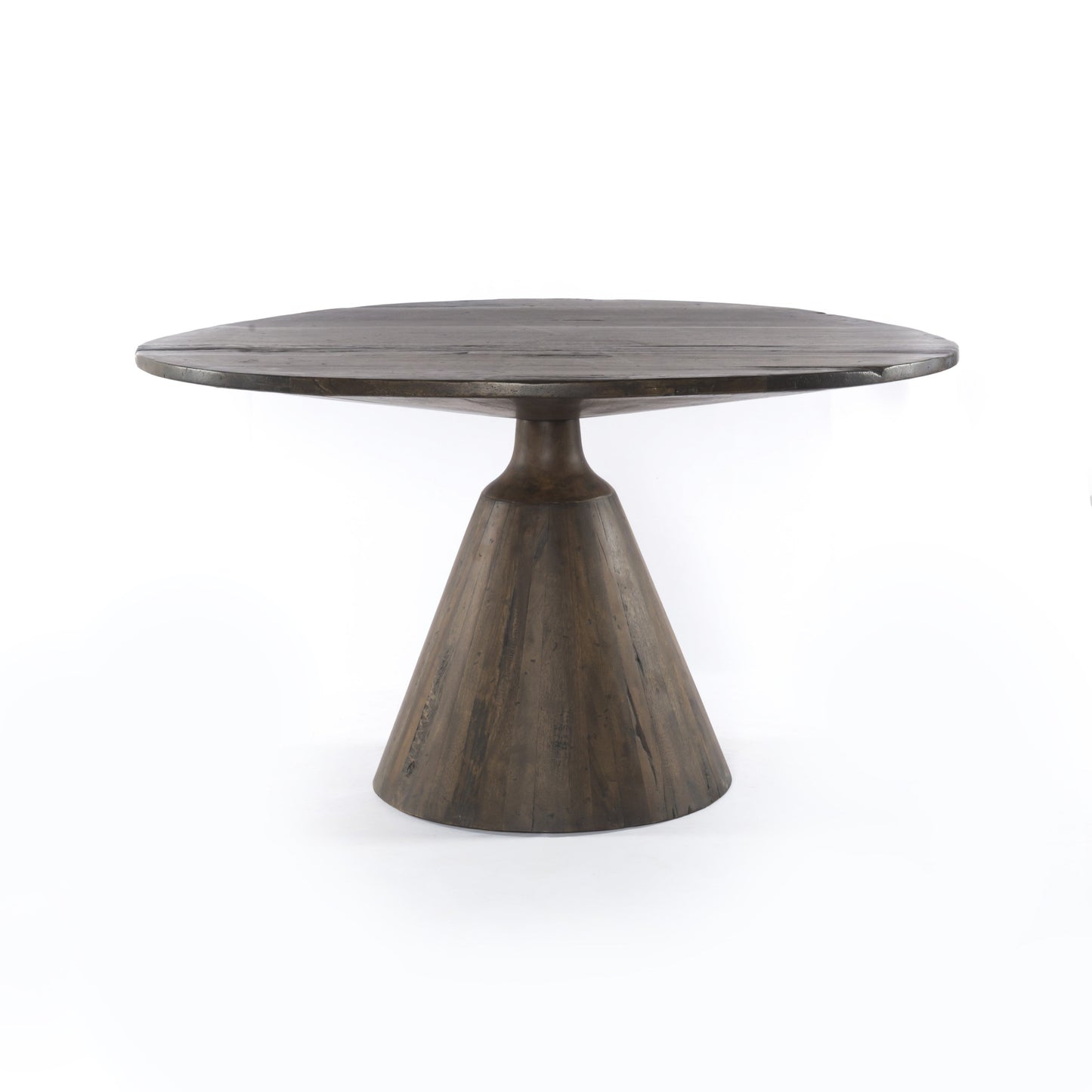 modern reclaimed wood dining table with conical pedestal base