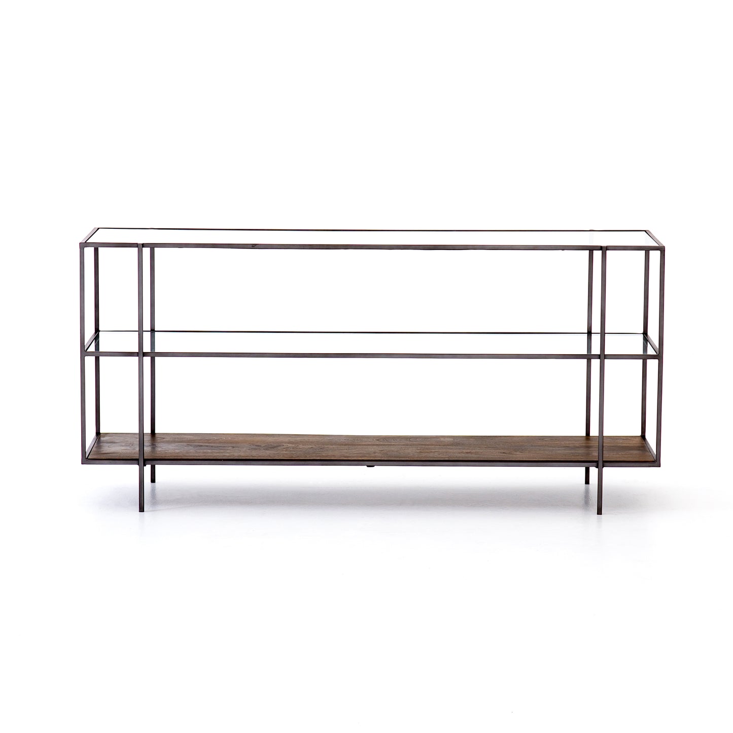 modern industrial metal console with glass top, middle shelf, and wooden bottom shelf