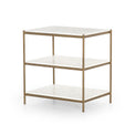 antique brass and white marble nightstand with two shelves