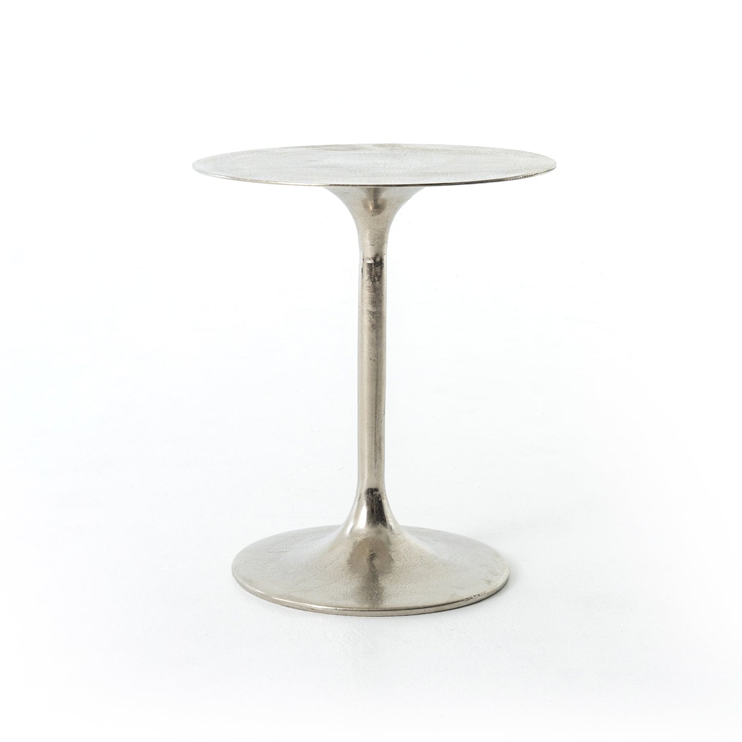 metal end table with raw nickel finish