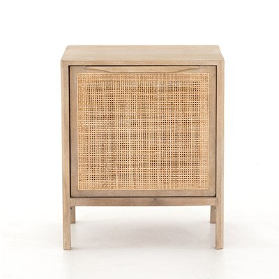modern natural wooden nightstand with natural cane front cabinet door