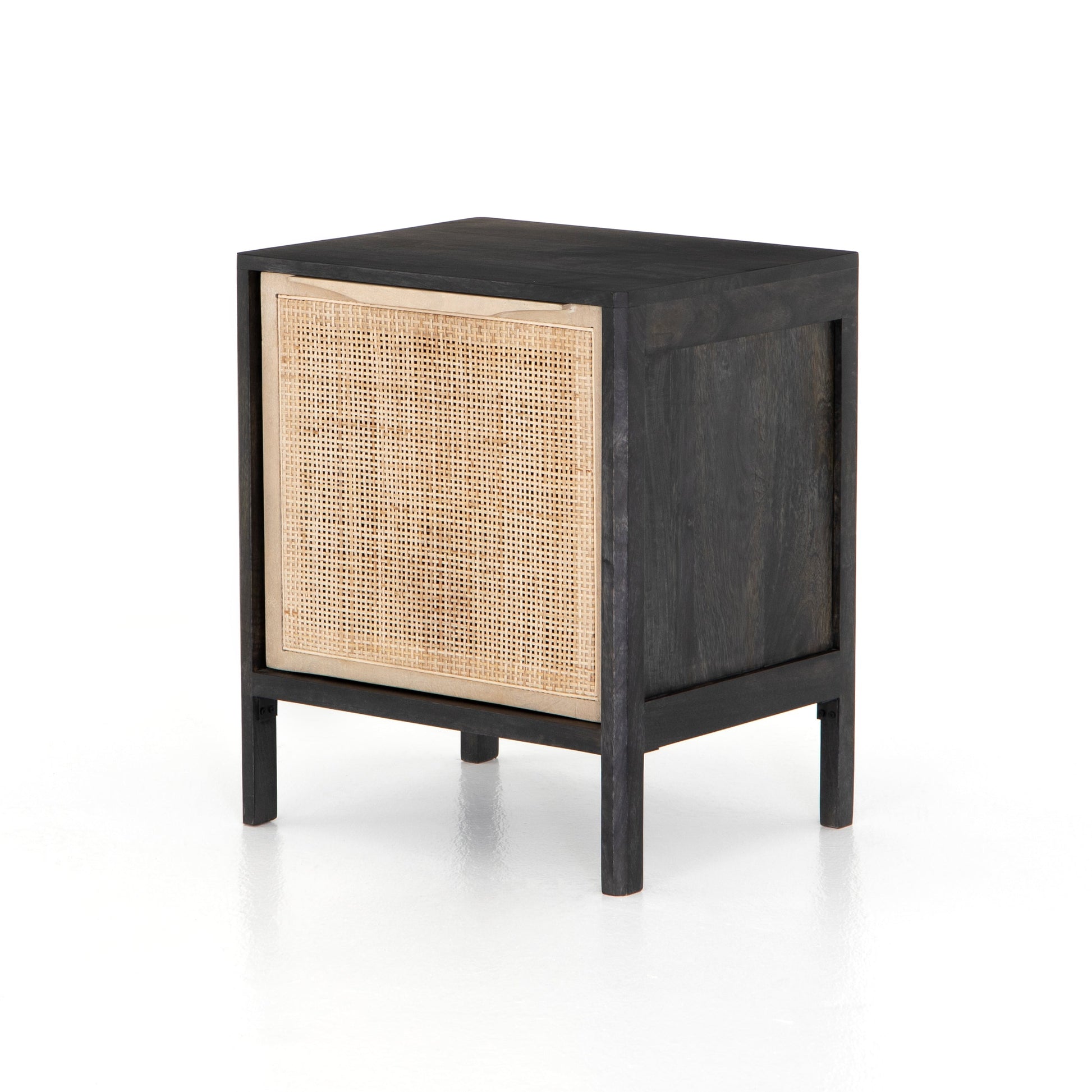 modern black stained wooden nightstand with natural cane front cabinet door