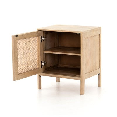 modern natural wooden nightstand with natural cane front cabinet door