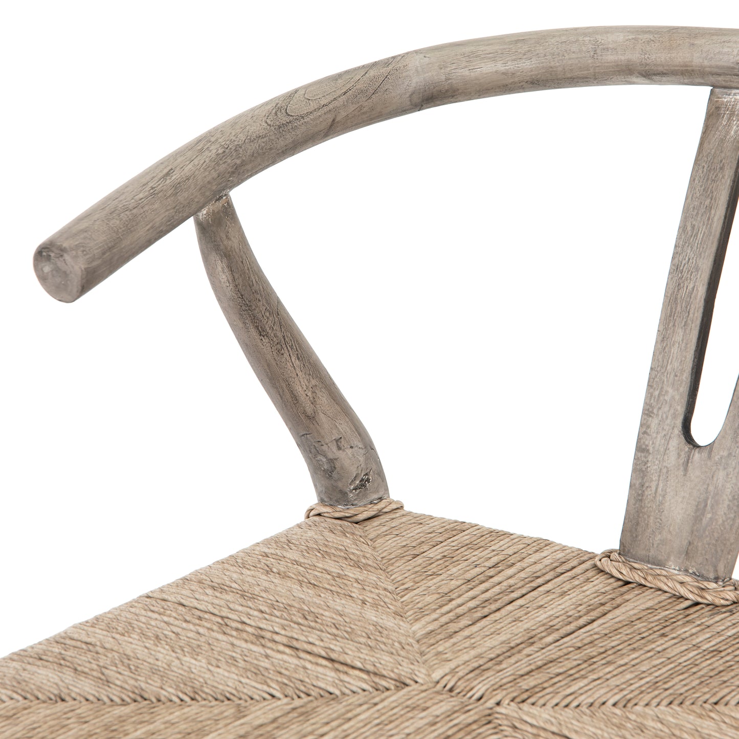 teak with matte weathered grey finish bar stool with curved back and woven seagrass seat