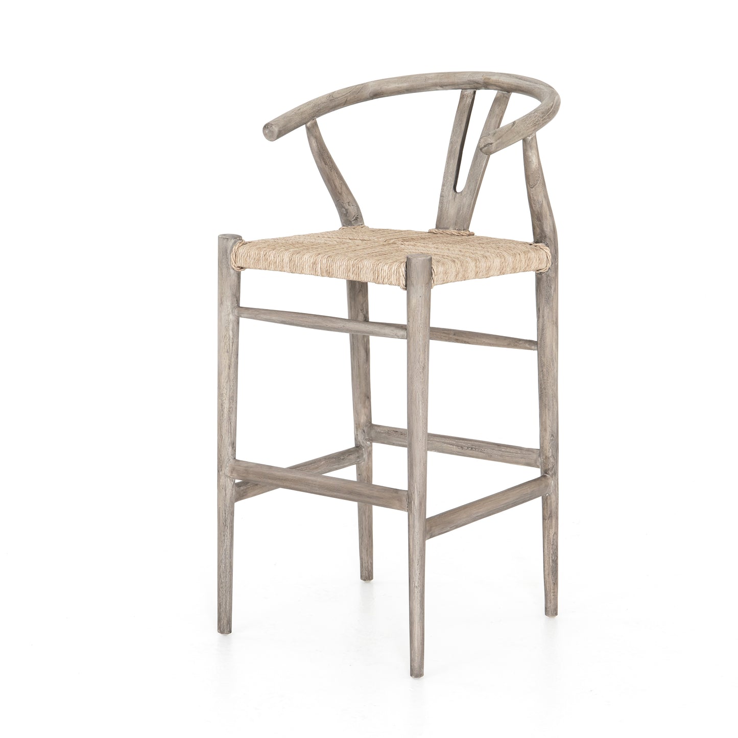 teak with matte weathered grey finish bar stool with curved back and woven seagrass seat